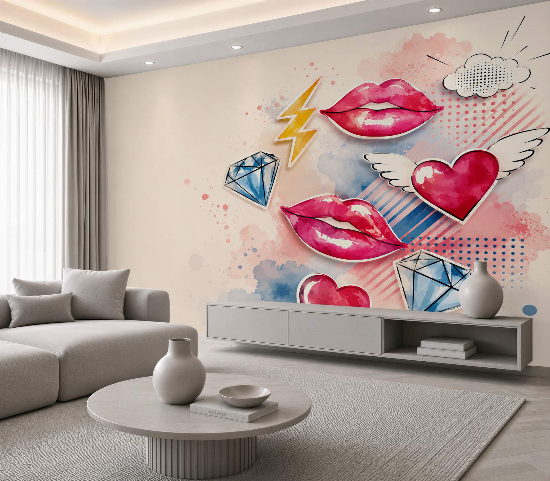 Fototapeta pop art usta serca i diamenty do nowoczesnego pokoju dziewczynki?v23