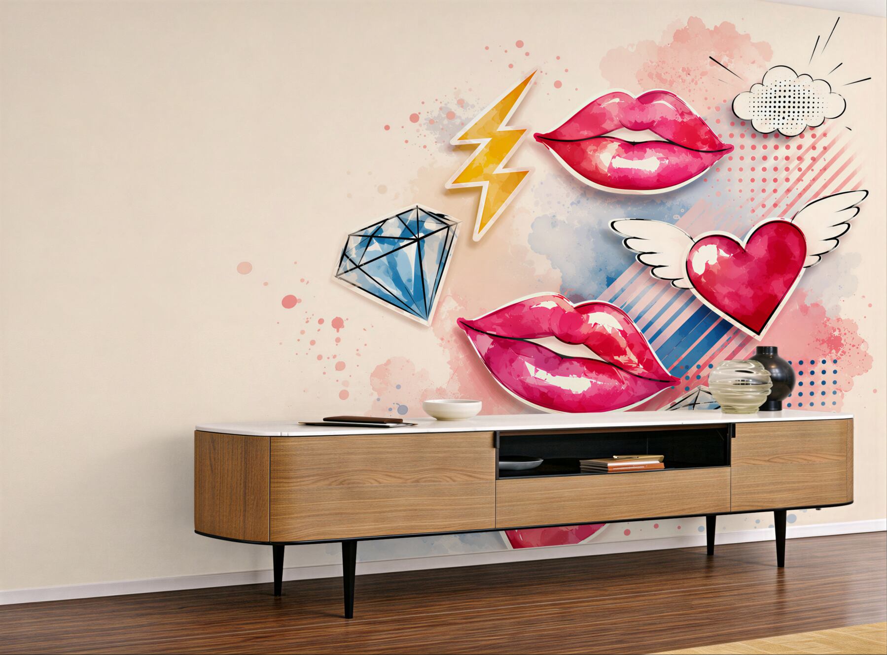 Fototapeta pop art usta serca i diamenty do nowoczesnego pokoju dziewczynki?v23
