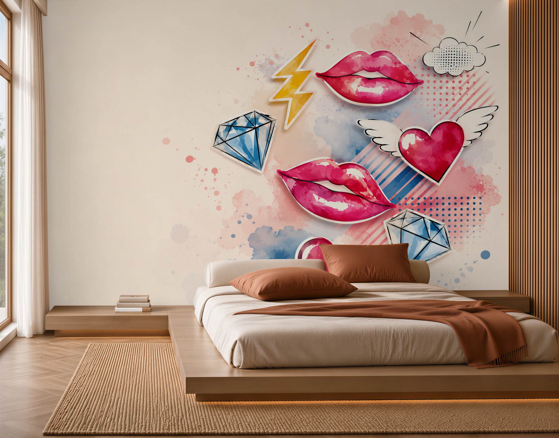 Fototapeta pop art usta serca i diamenty do nowoczesnego pokoju dziewczynki?v23