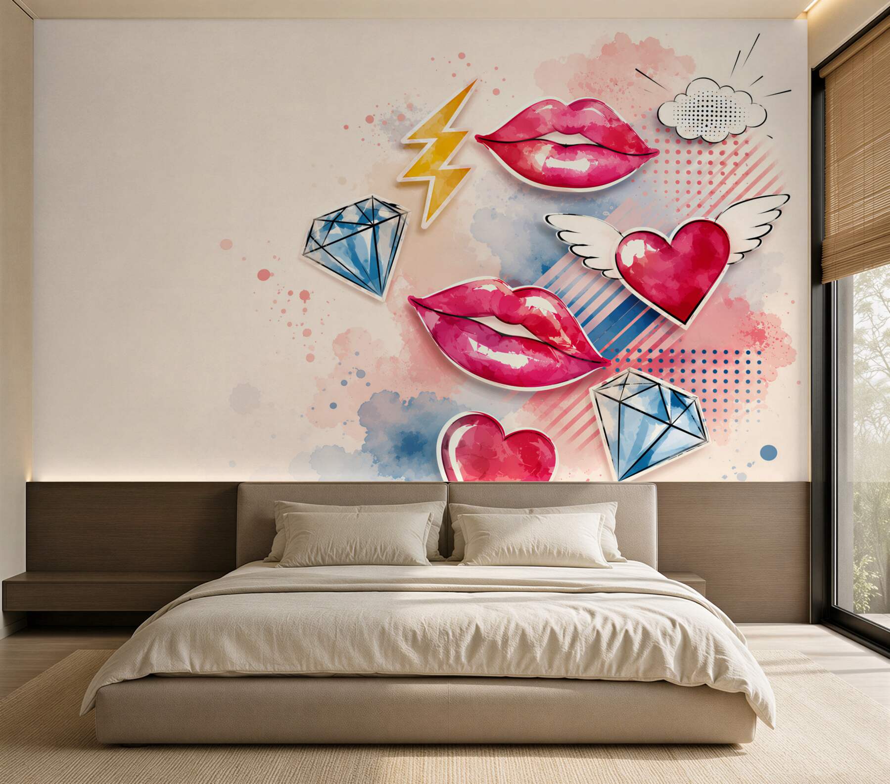 Fototapeta pop art usta serca i diamenty do nowoczesnego pokoju dziewczynki?v23