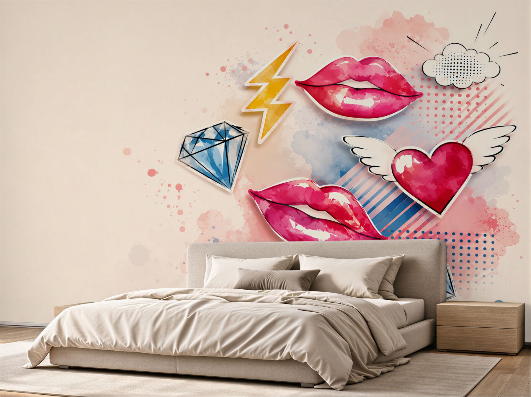 Fototapeta pop art usta serca i diamenty do nowoczesnego pokoju dziewczynki?v23