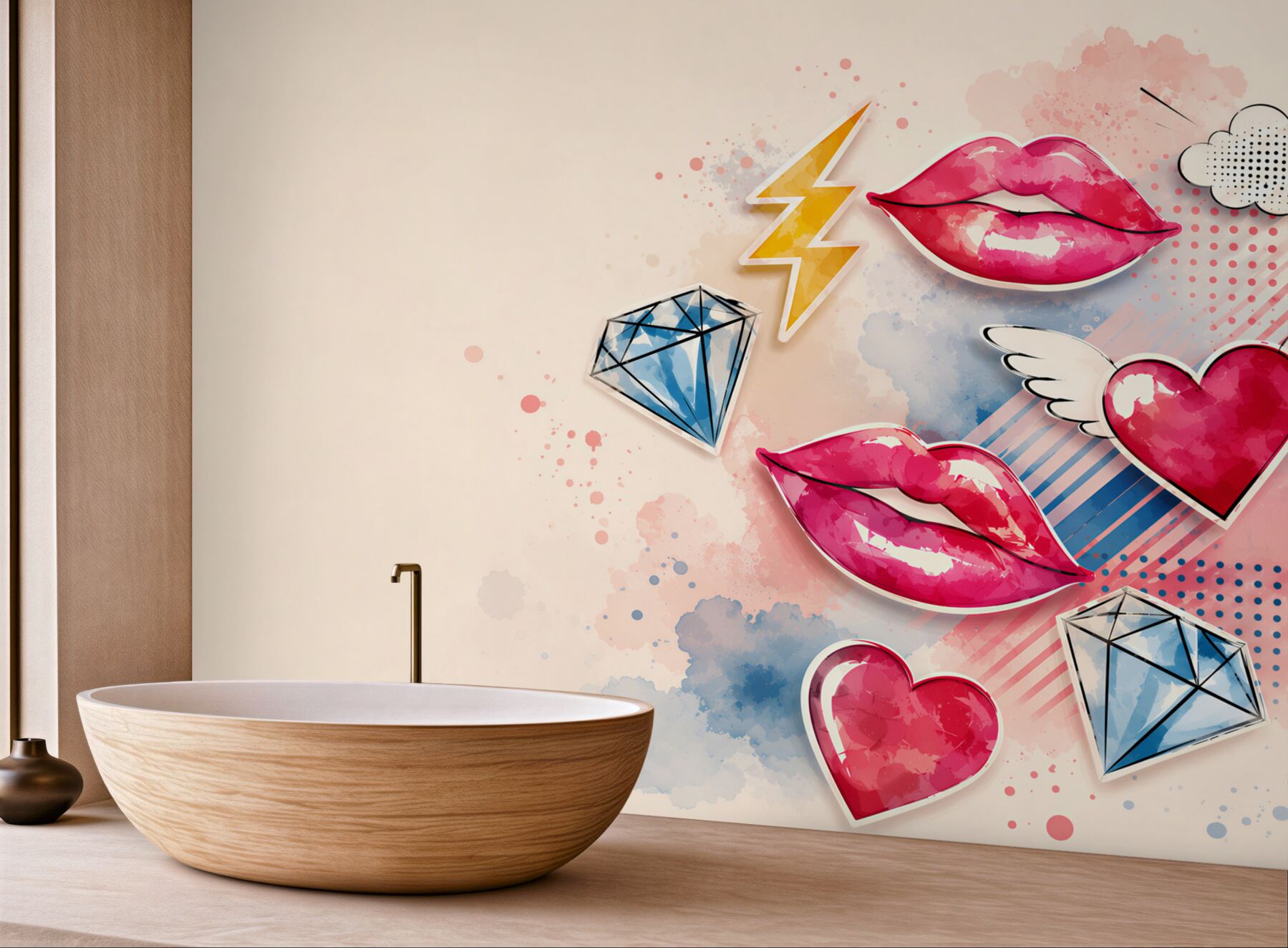 Fototapeta pop art usta serca i diamenty do nowoczesnego pokoju dziewczynki?v23