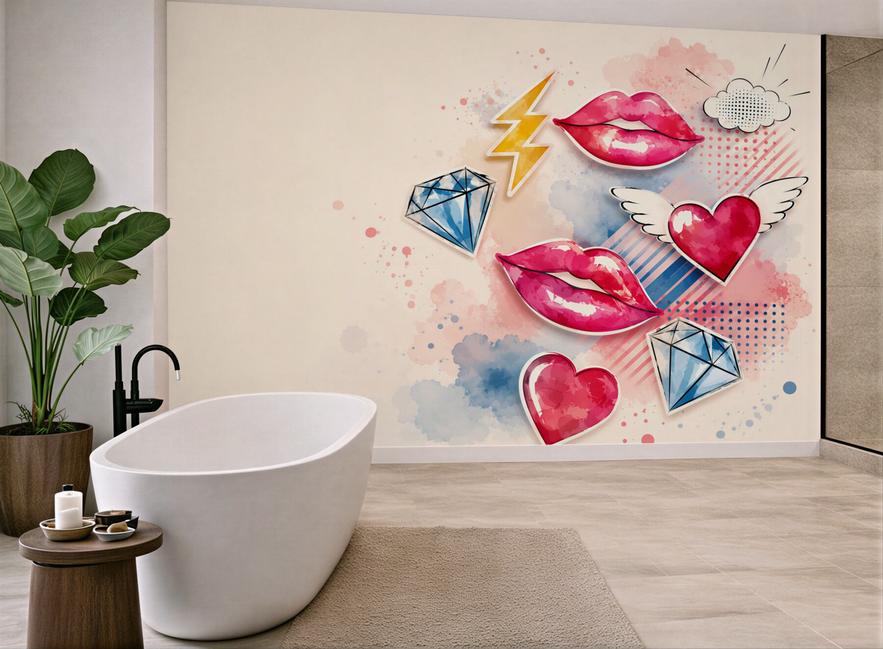 Fototapeta pop art usta serca i diamenty do nowoczesnego pokoju dziewczynki?v23