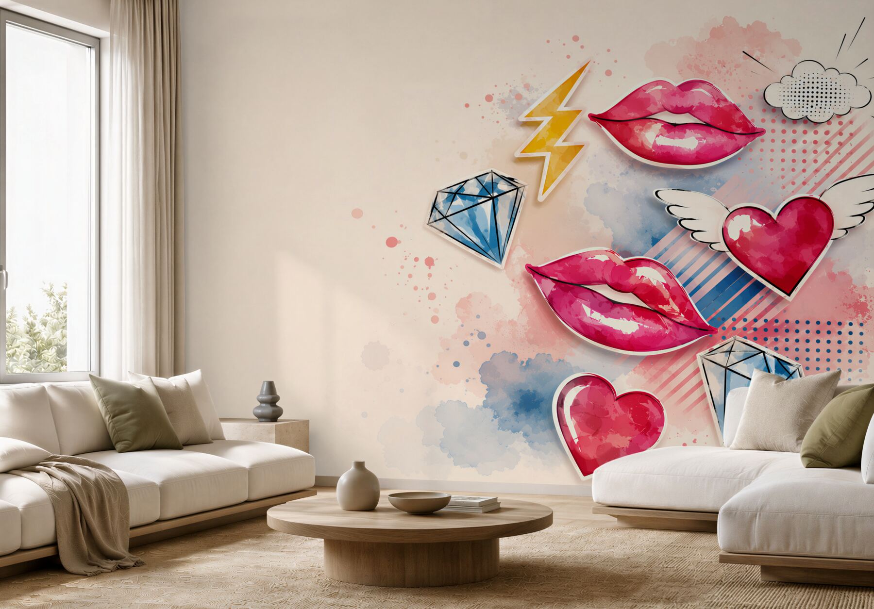 Fototapeta pop art usta serca i diamenty do nowoczesnego pokoju dziewczynki?v23