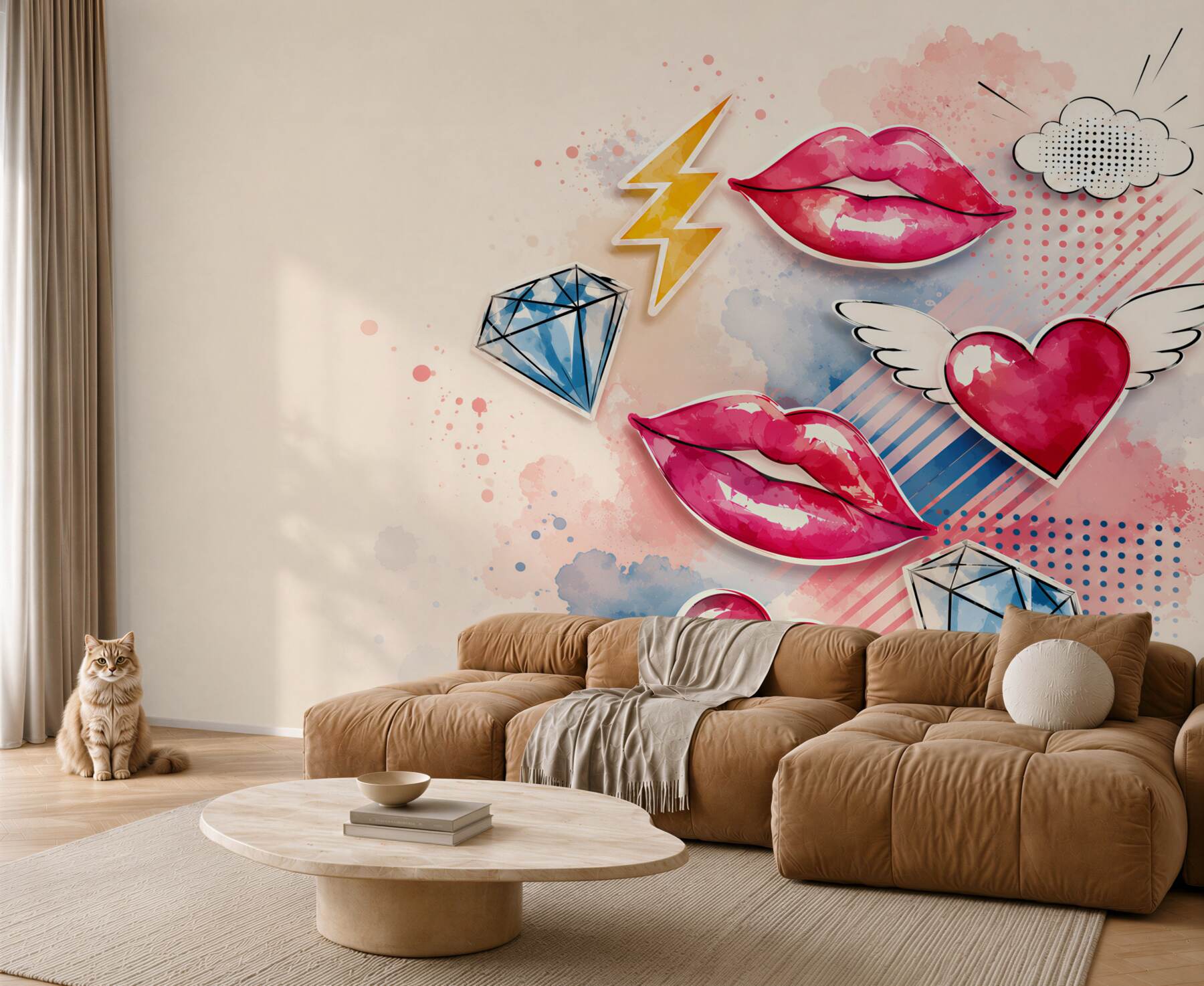 Fototapeta pop art usta serca i diamenty do nowoczesnego pokoju dziewczynki