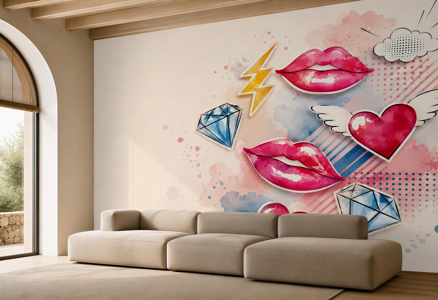 Fototapeta pop art usta serca i diamenty do nowoczesnego pokoju dziewczynki?v23