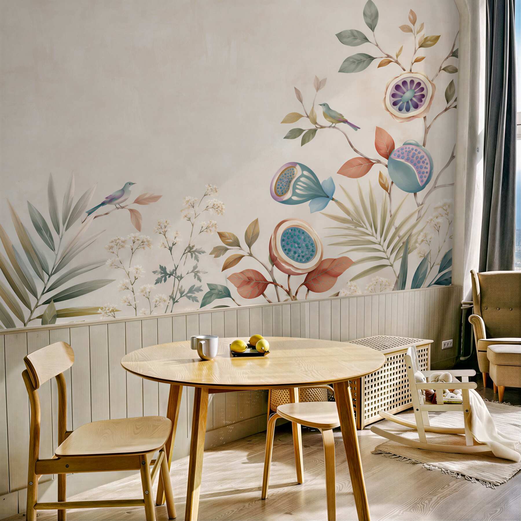 Fototapeta ptaki i fantazyjne kwiaty pastelowa botaniczna?v23