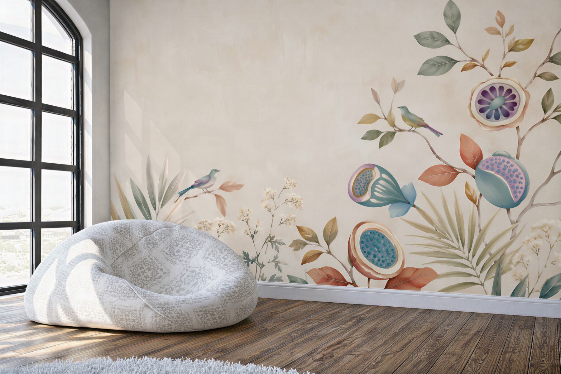 Fototapeta ptaki i fantazyjne kwiaty pastelowa botaniczna
