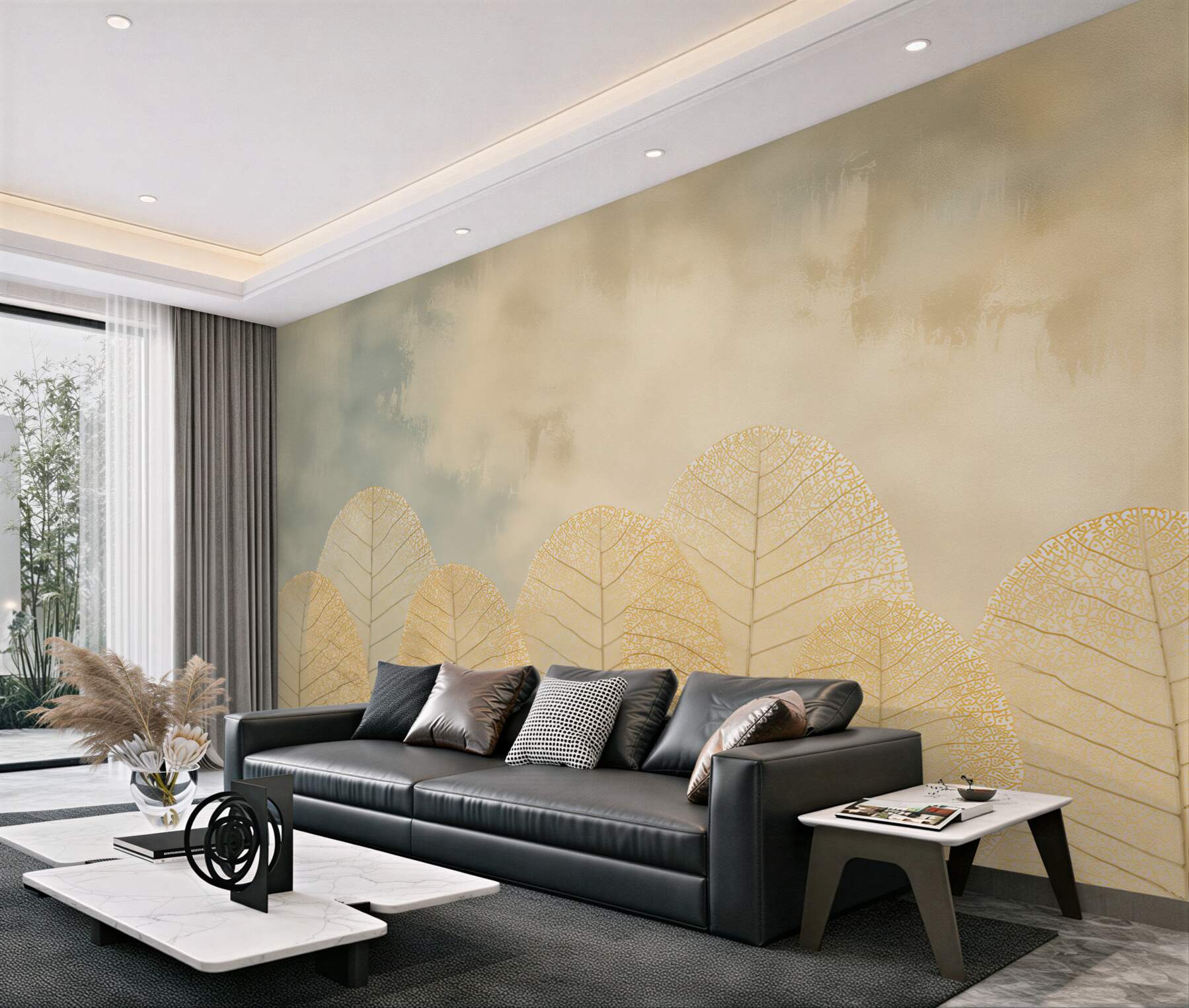 Fototapeta złote liście na beżowym tle elegancka roślinna?v23