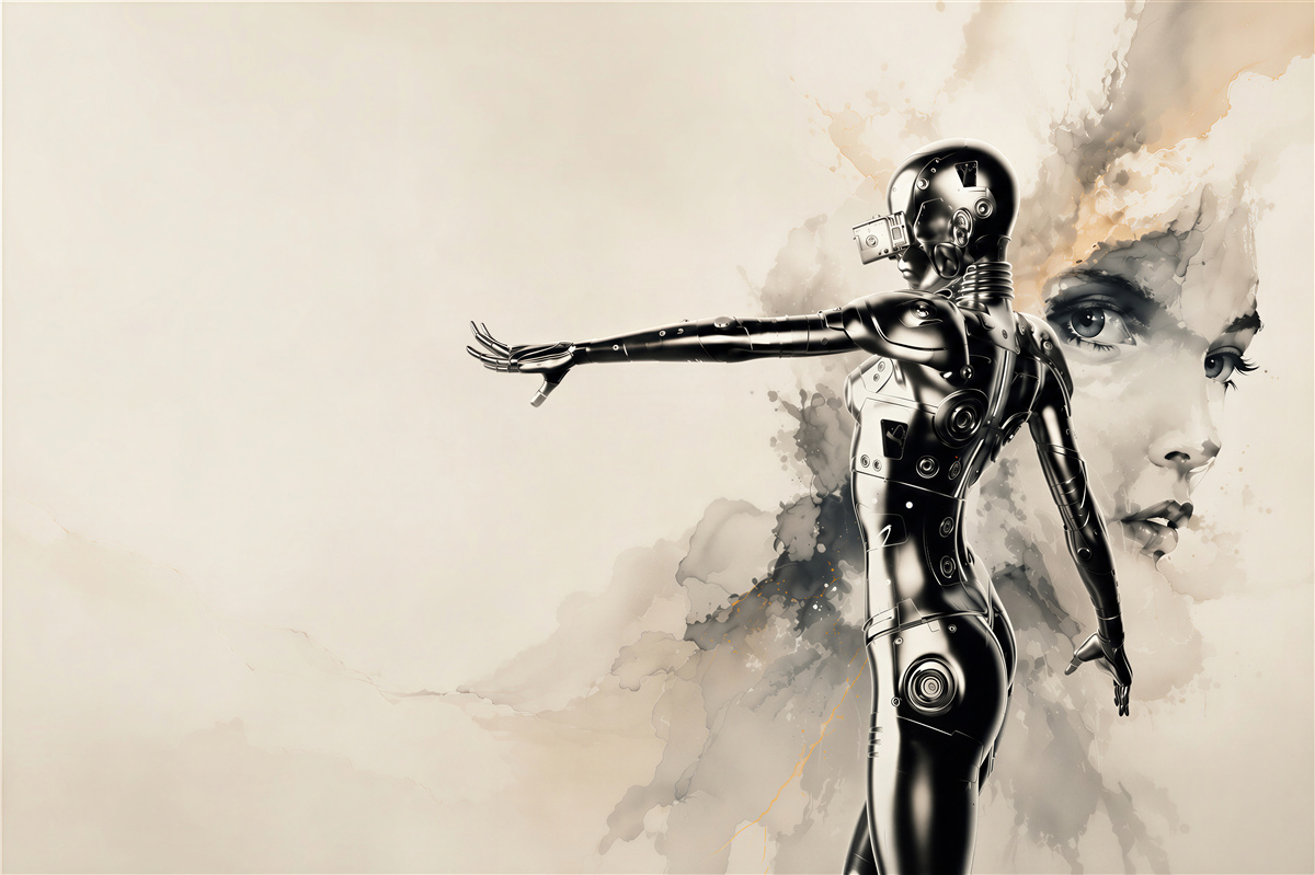 Fototapeta futurystyczny robot i kobieca twarz w beżowo szarej abstrakcji