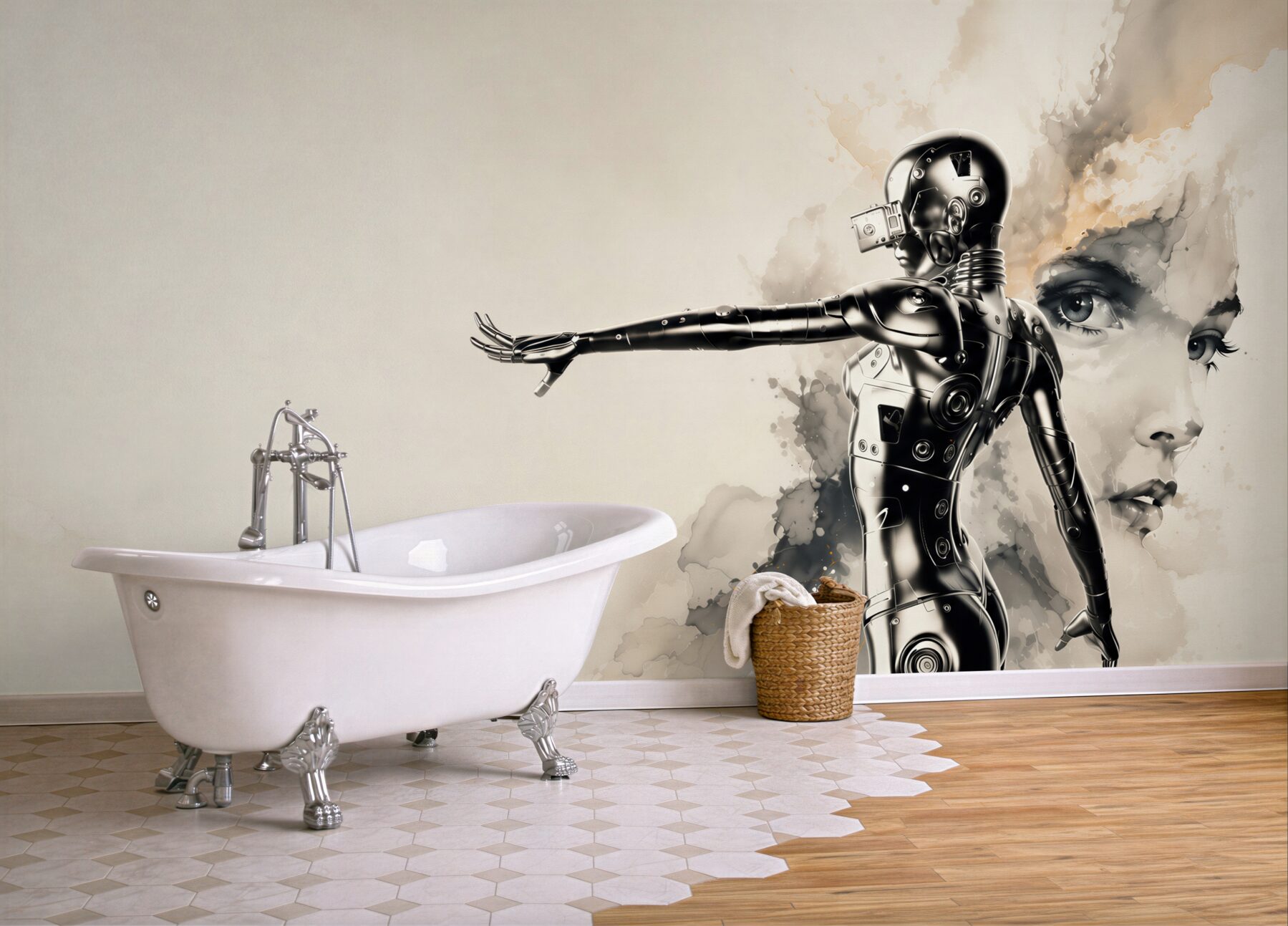 Fototapeta futurystyczny robot i kobieca twarz w beżowo szarej abstrakcji?v23