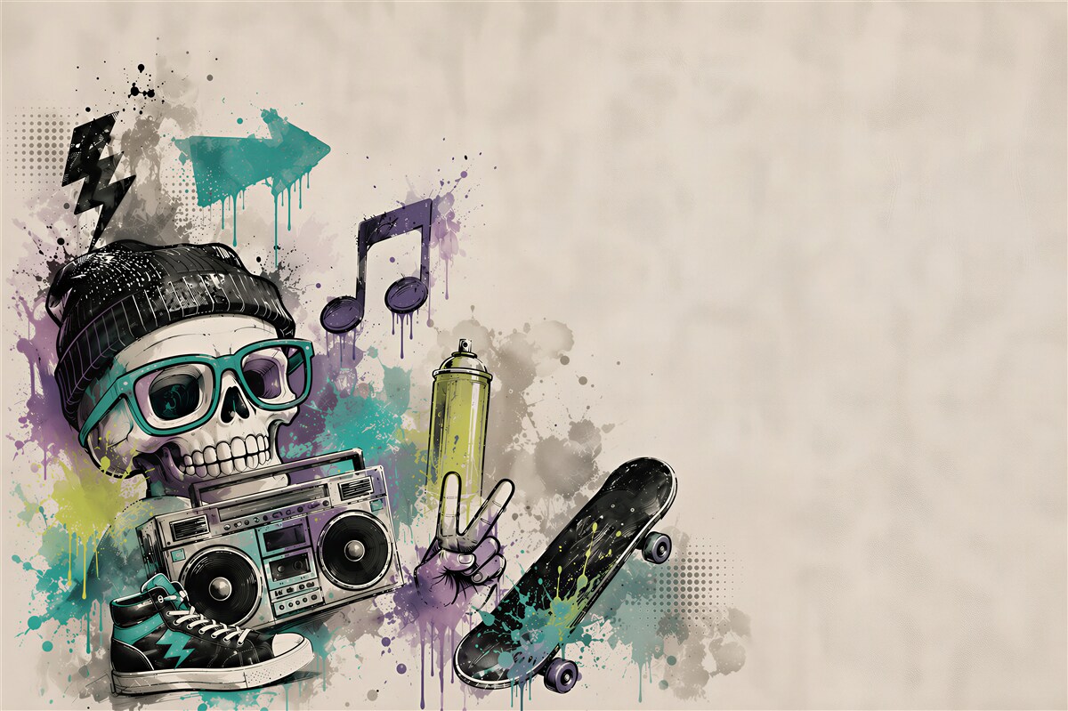 Fototapeta czaszka hipsterska z deskorolką i boomboxem street art