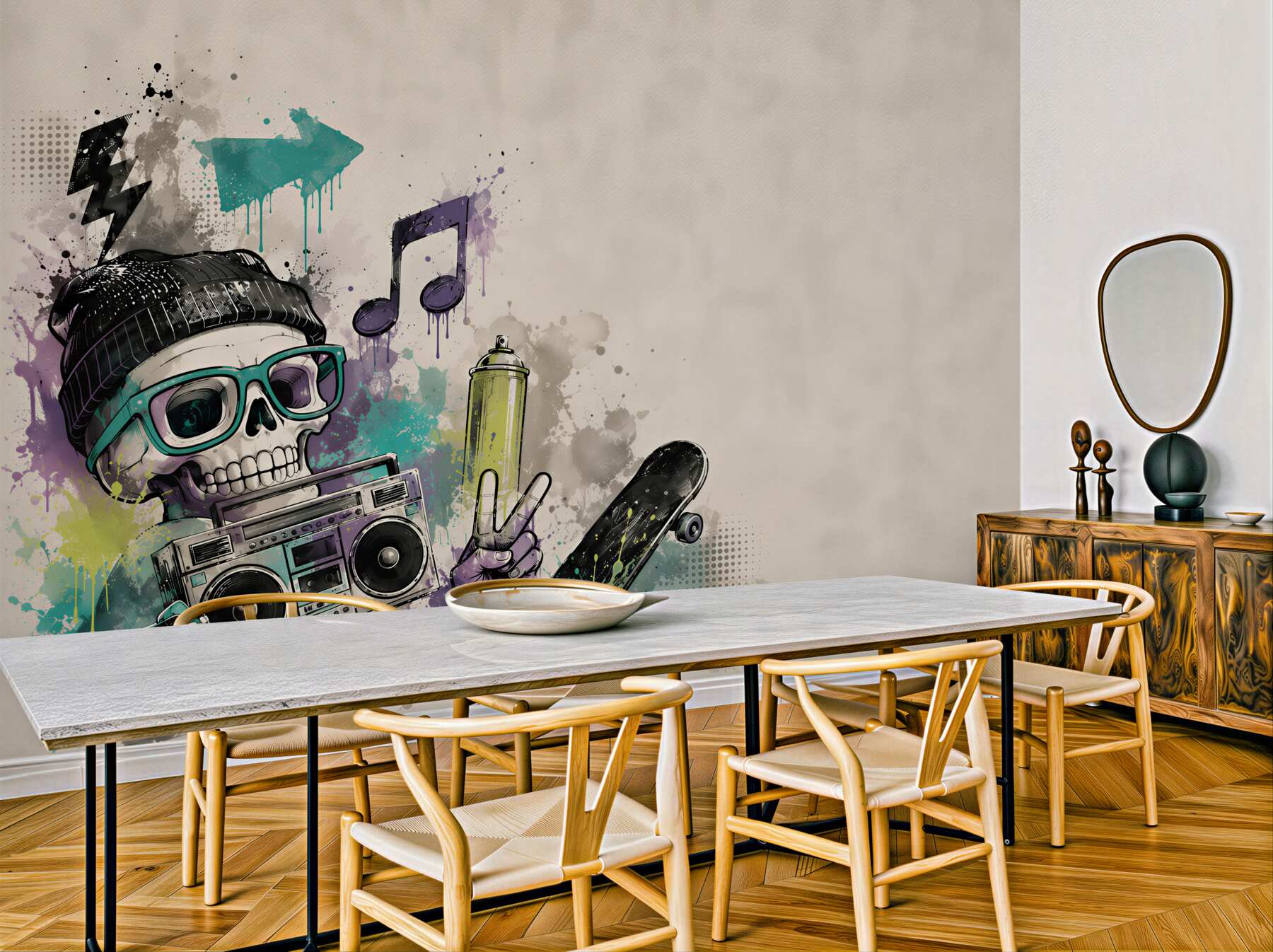 Fototapeta czaszka hipsterska z deskorolką i boomboxem street art?v23