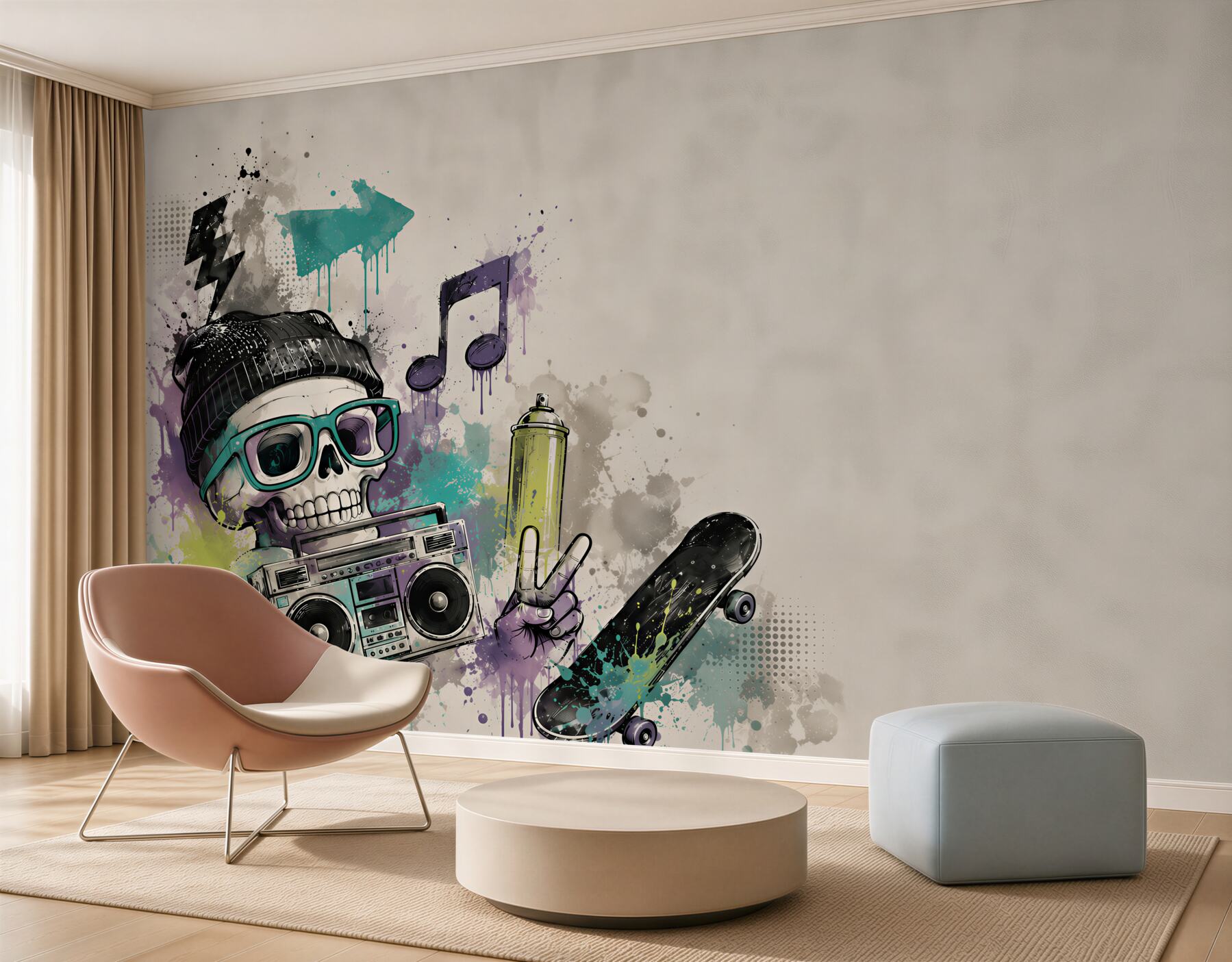 Fototapeta czaszka hipsterska z deskorolką i boomboxem street art?v23