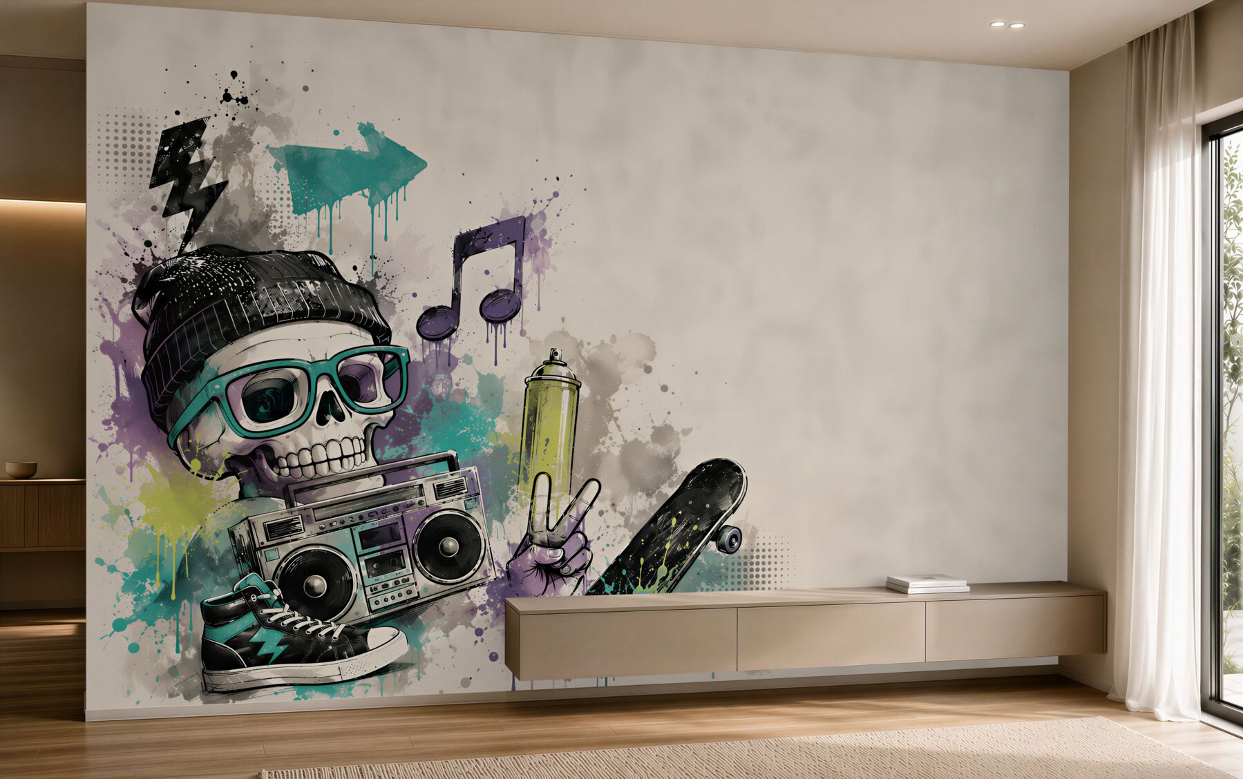 Fototapeta czaszka hipsterska z deskorolką i boomboxem street art?v23