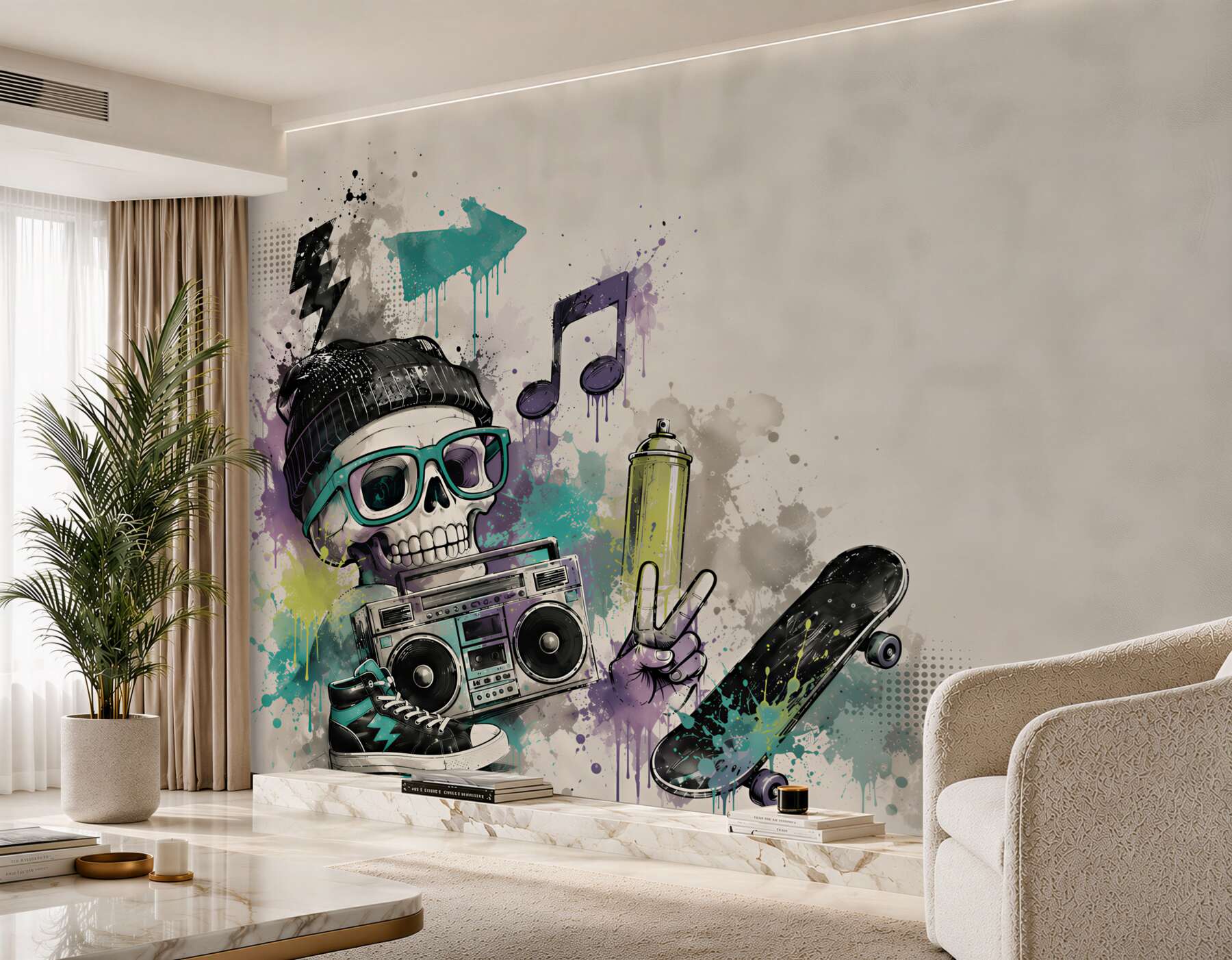 Fototapeta czaszka hipsterska z deskorolką i boomboxem street art?v23