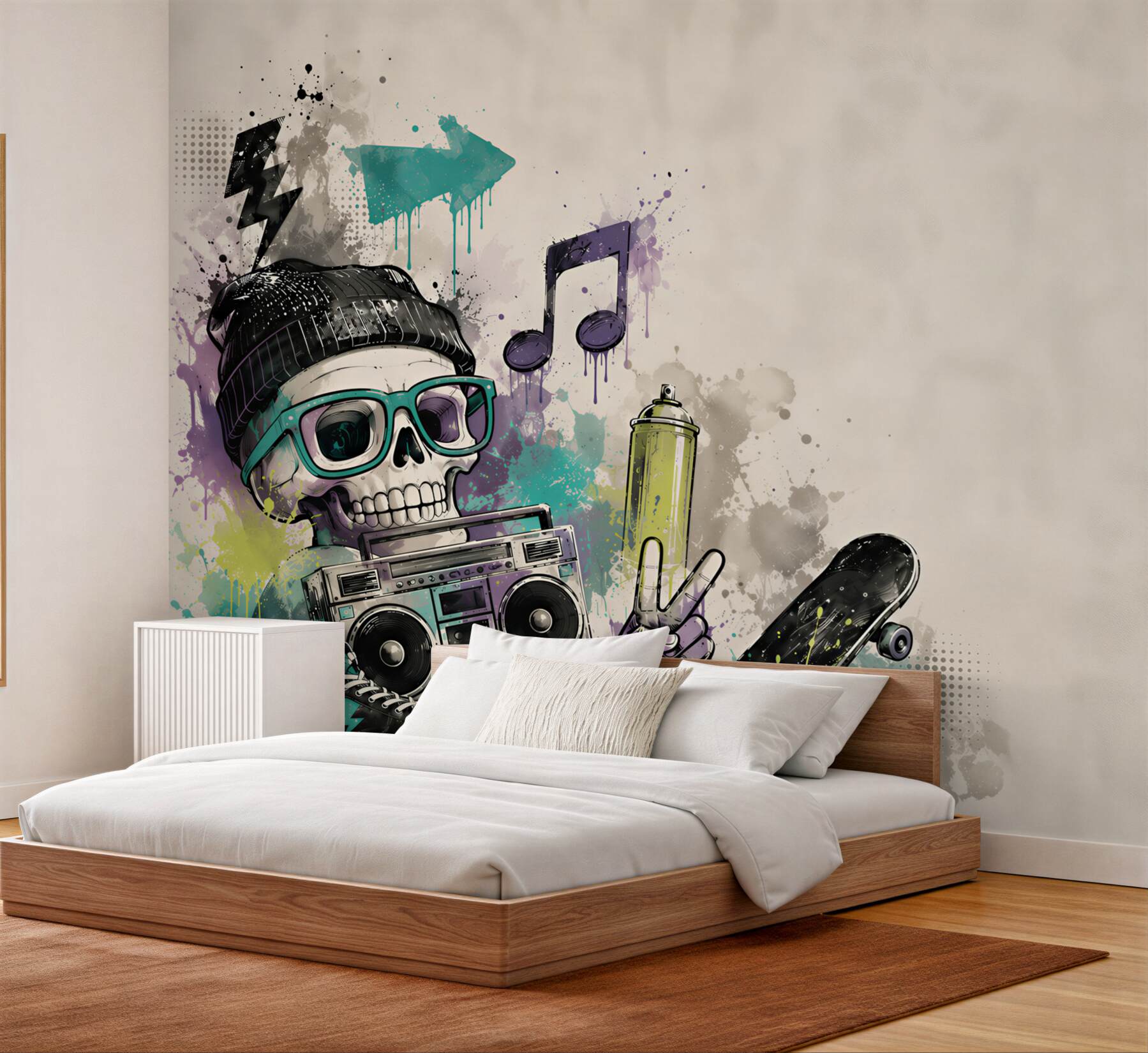 Fototapeta czaszka hipsterska z deskorolką i boomboxem street art?v23