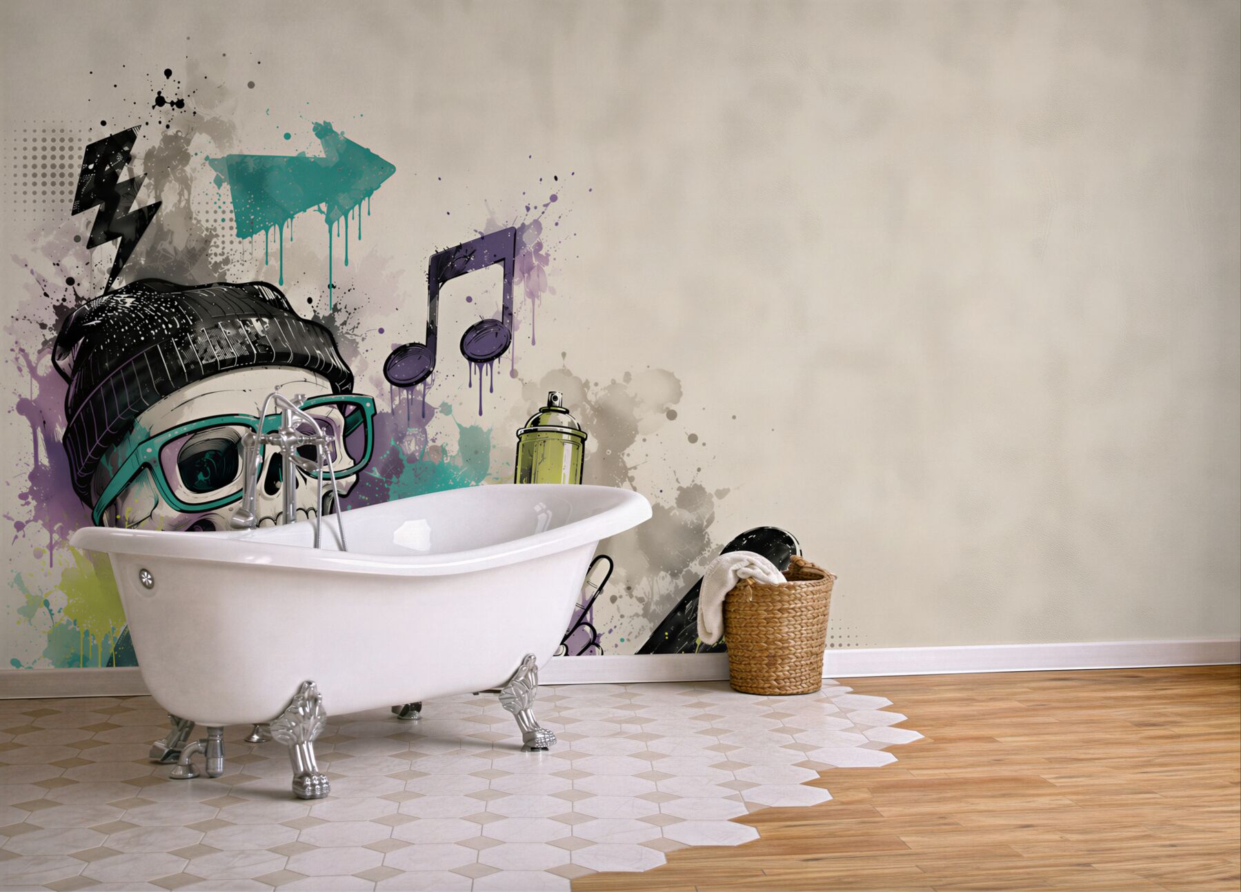 Fototapeta czaszka hipsterska z deskorolką i boomboxem street art?v23