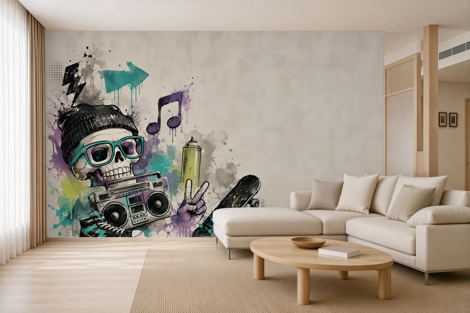 Fototapeta czaszka hipsterska z deskorolką i boomboxem street art?v23