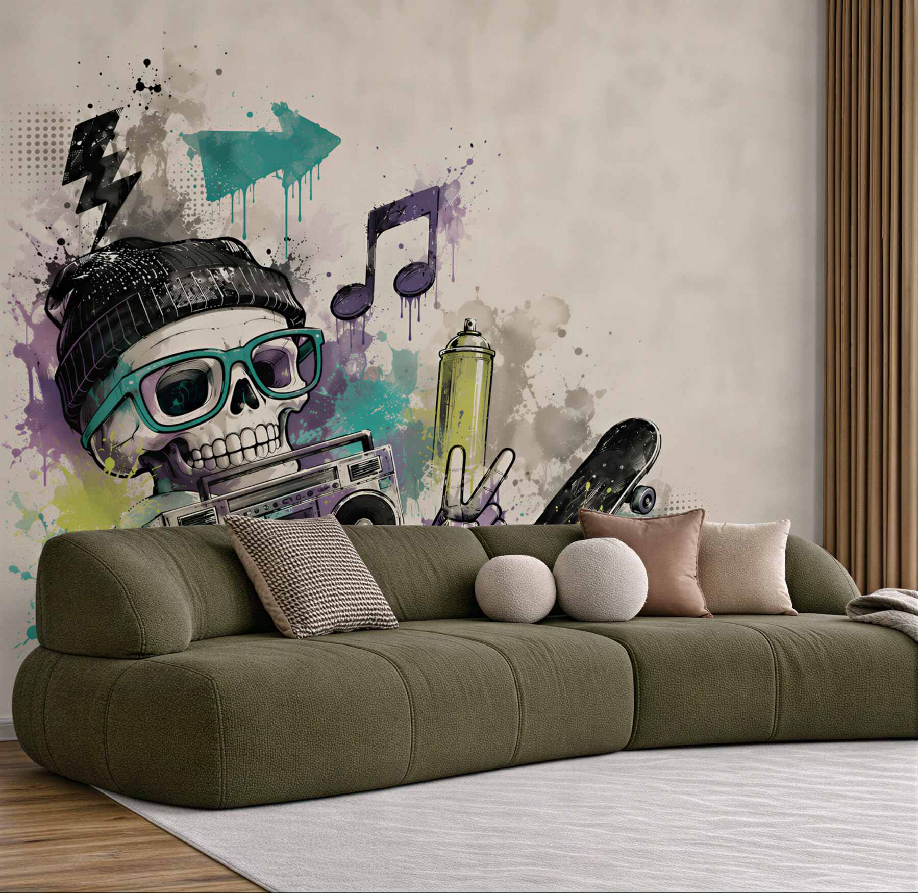 Fototapeta czaszka hipsterska z deskorolką i boomboxem street art?v23
