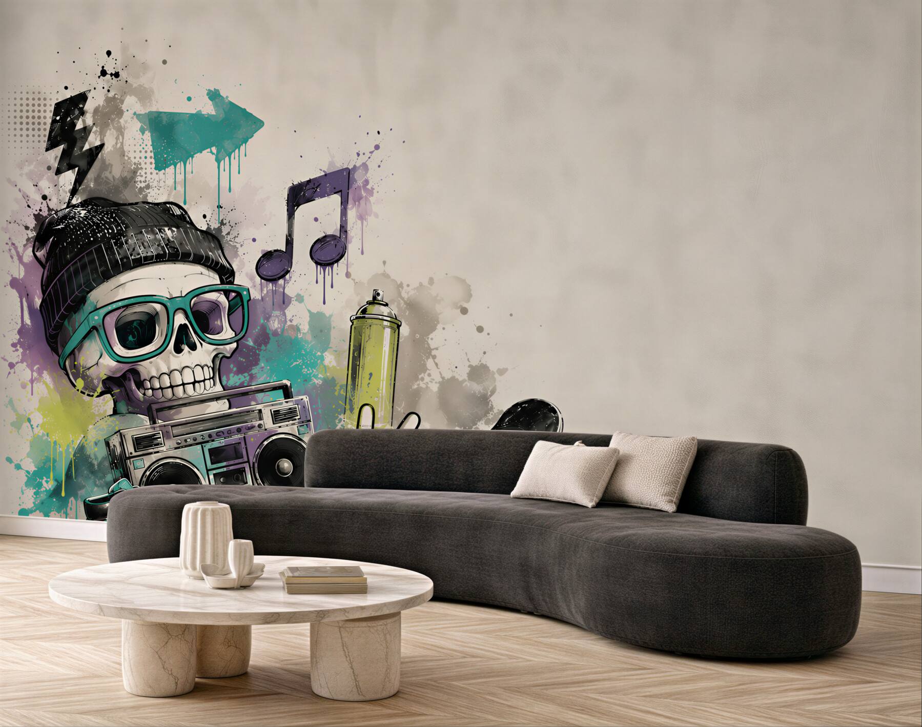 Fototapeta czaszka hipsterska z deskorolką i boomboxem street art?v23