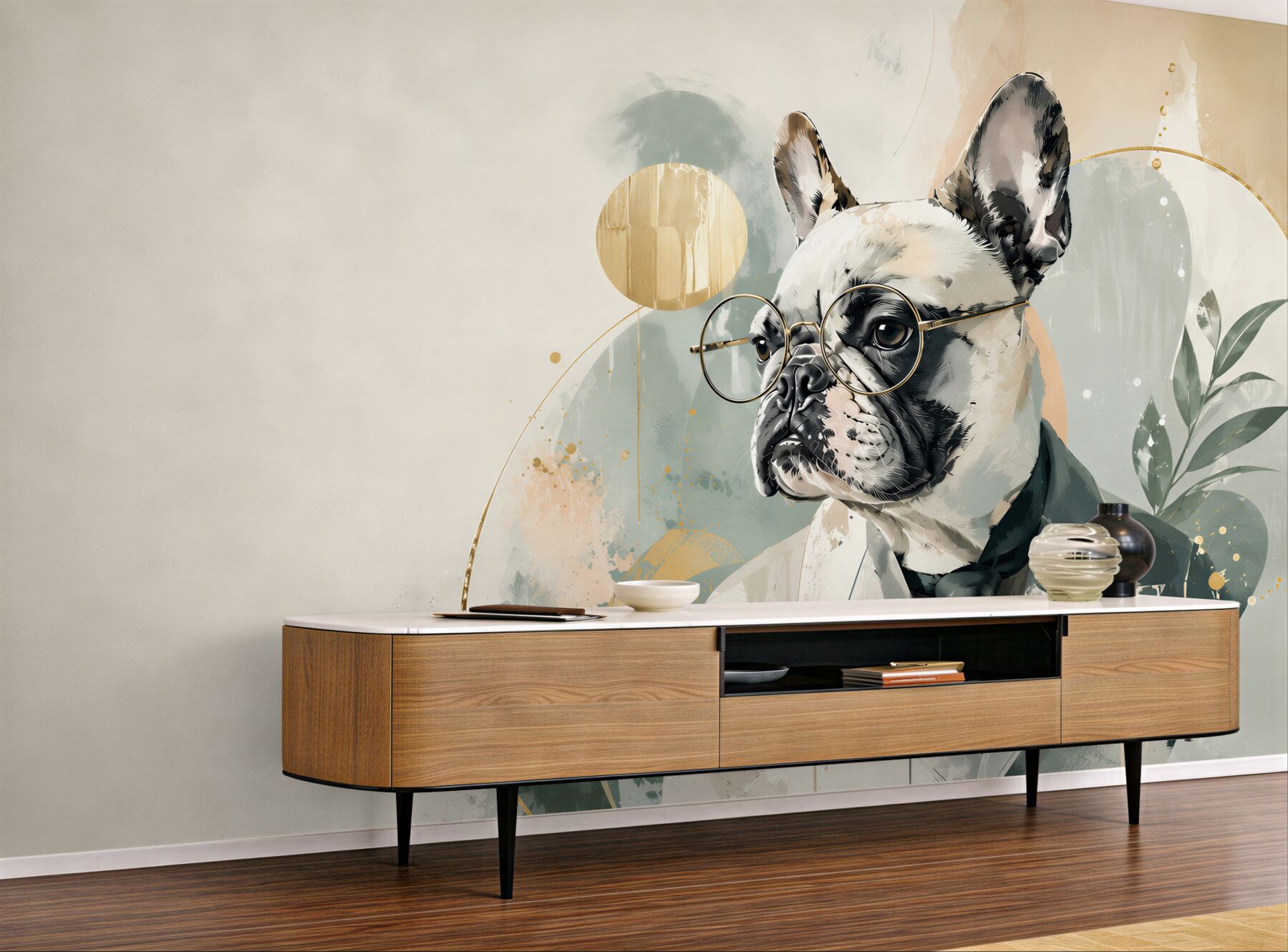 Fototapeta buldog francuski w garniturze z okularami nowoczesny portret?v23