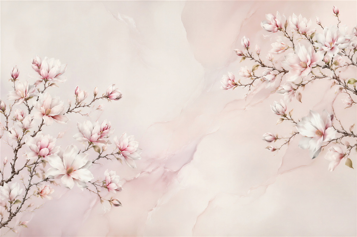 Fototapeta kwitnące magnolie różowe na jasnym marmurkowym tle