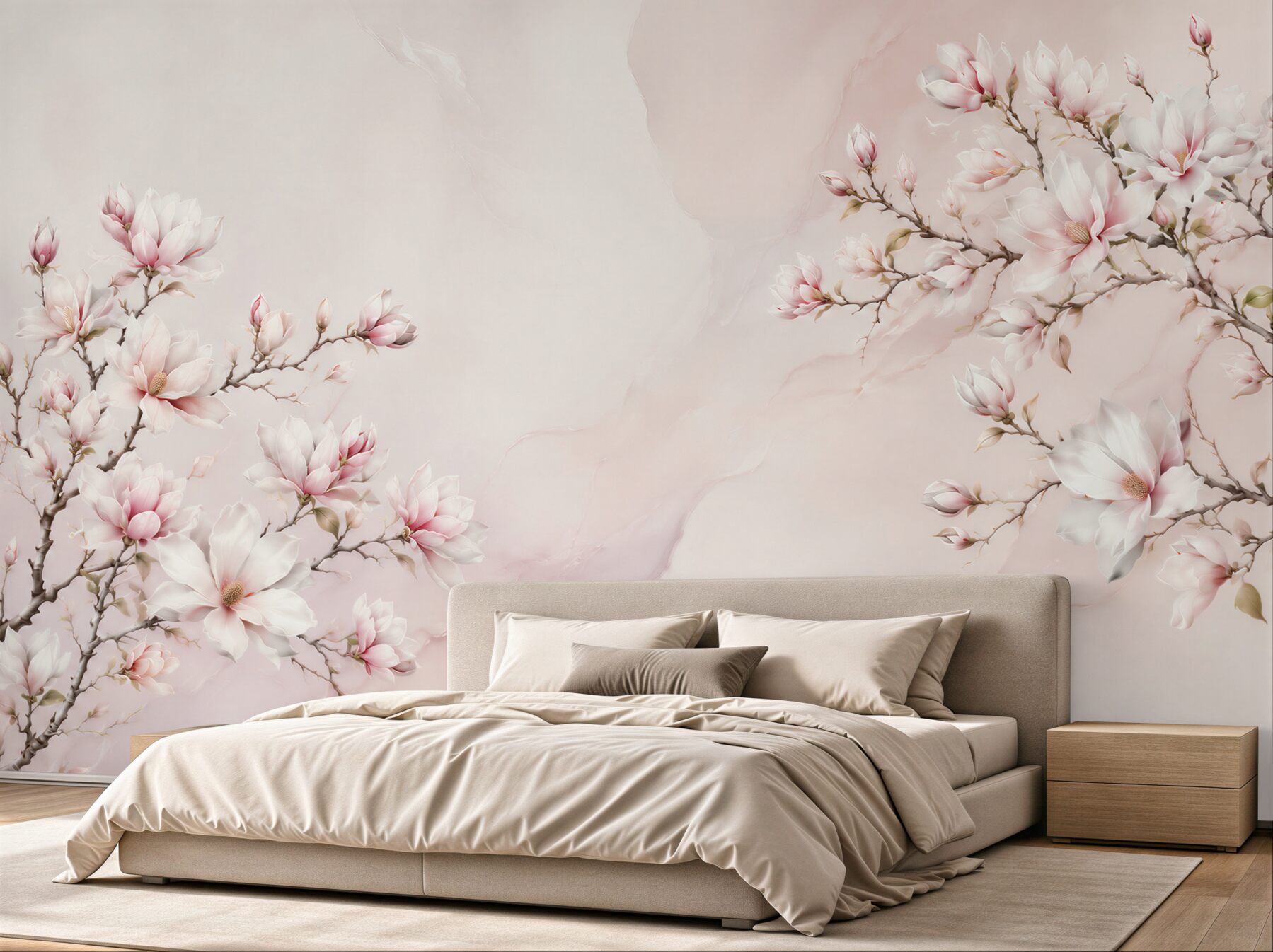 Fototapeta kwitnące magnolie różowe na jasnym marmurkowym tle