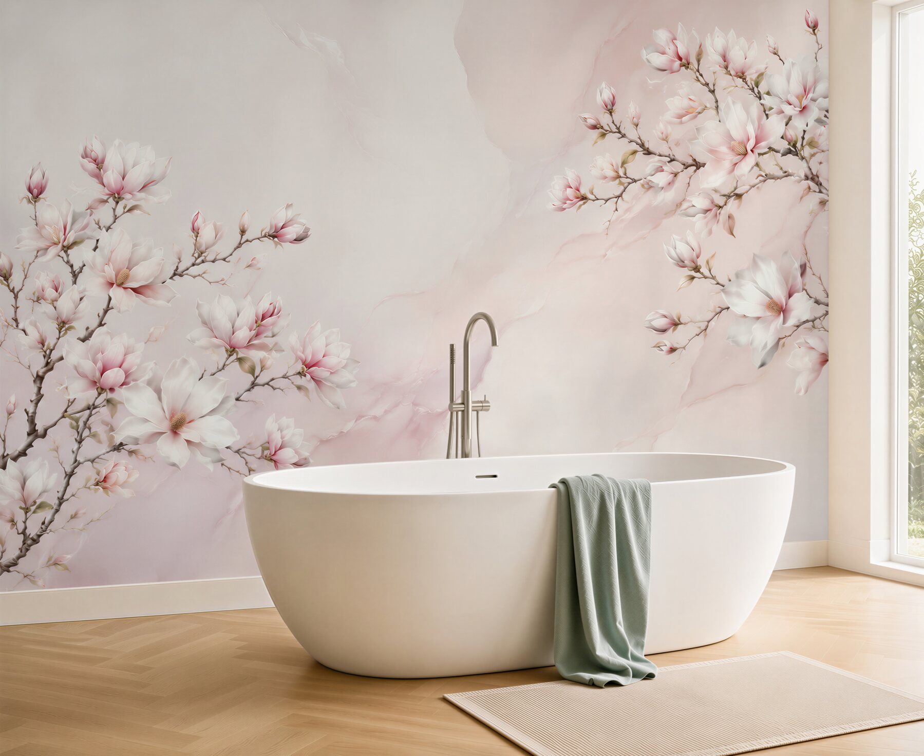 Fototapeta kwitnące magnolie różowe na jasnym marmurkowym tle?v23