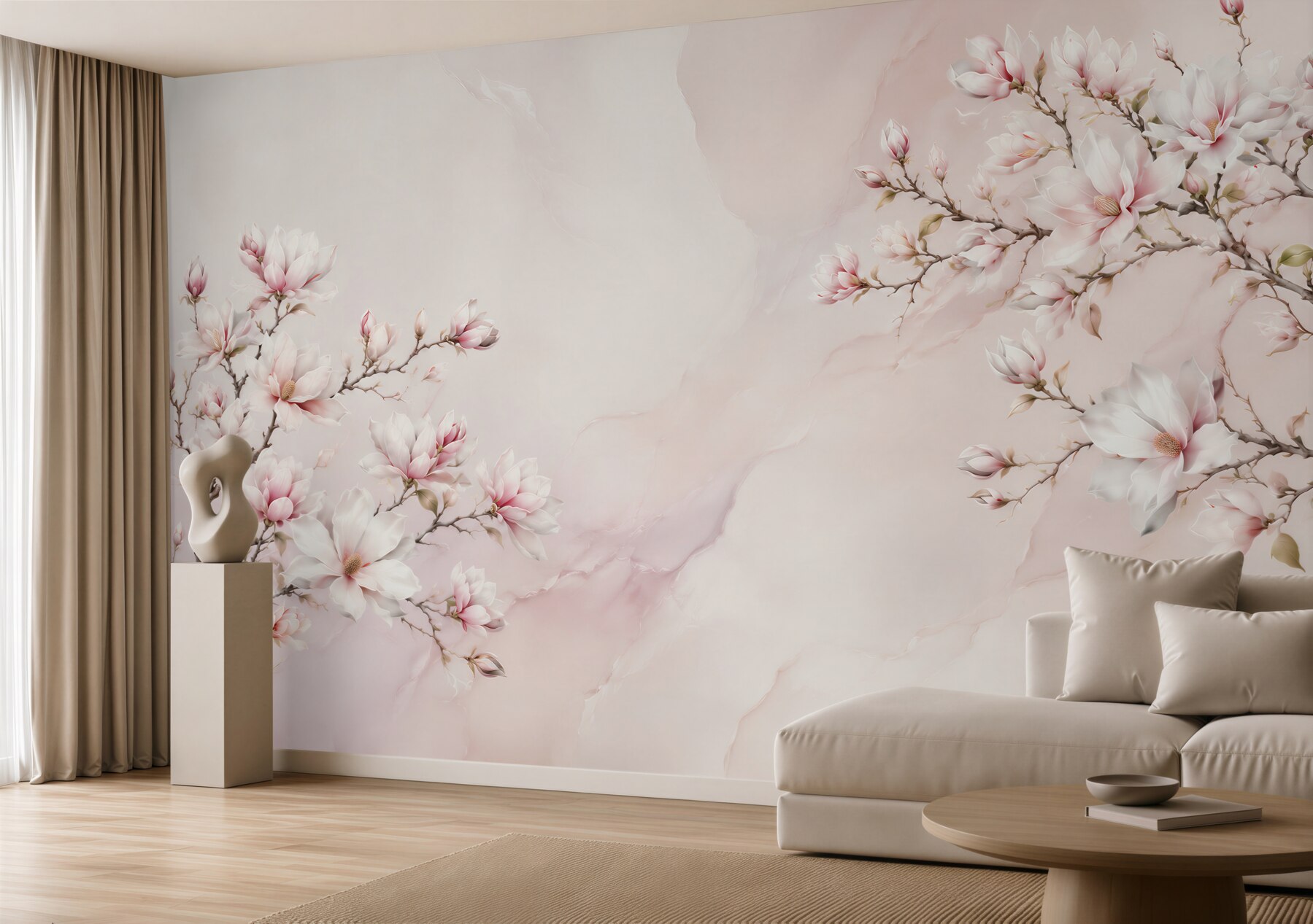 Fototapeta kwitnące magnolie różowe na jasnym marmurkowym tle?v23
