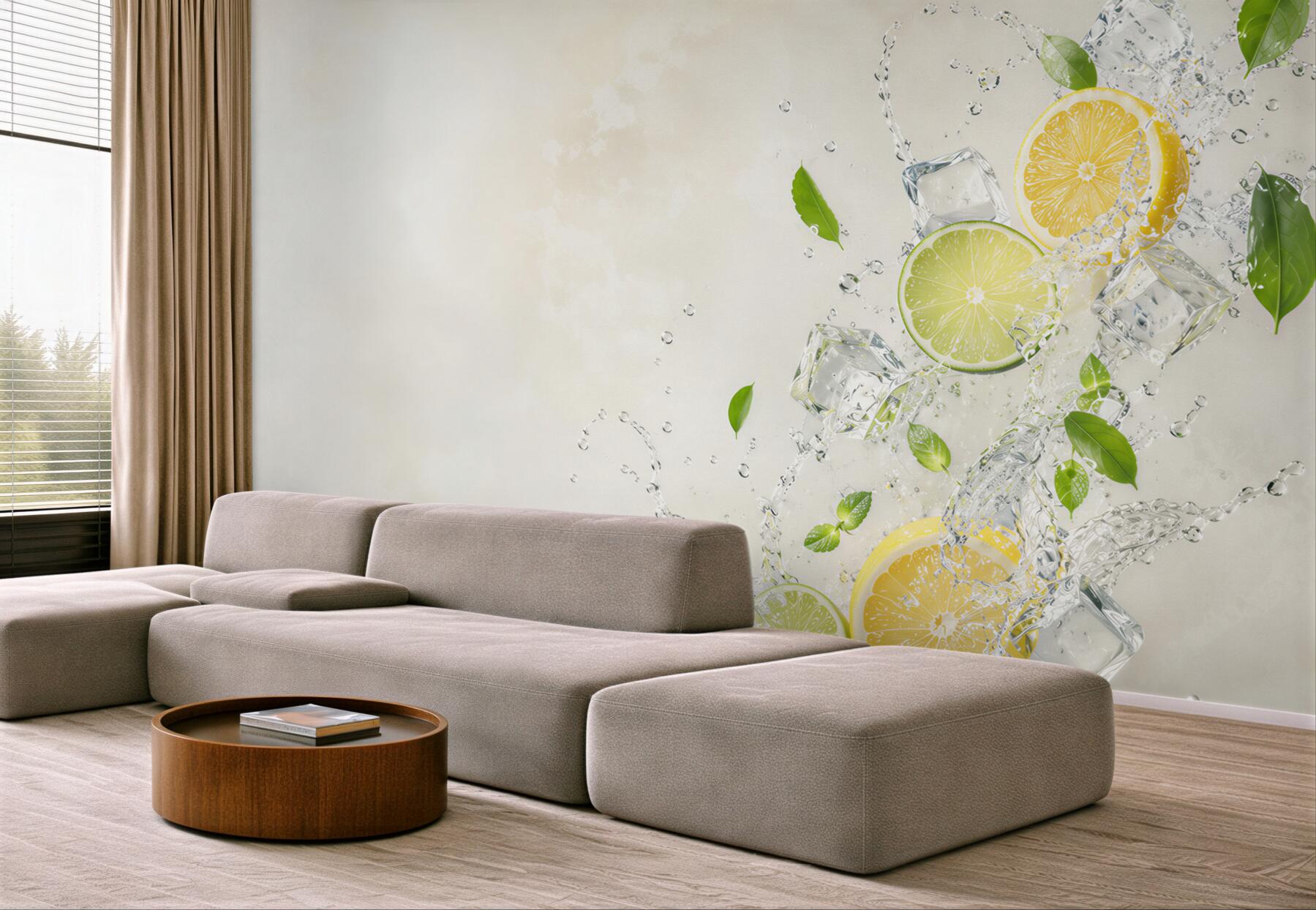 Fototapeta cytryny i limonki z lodem w rozbryzgach wody do kuchni?v23