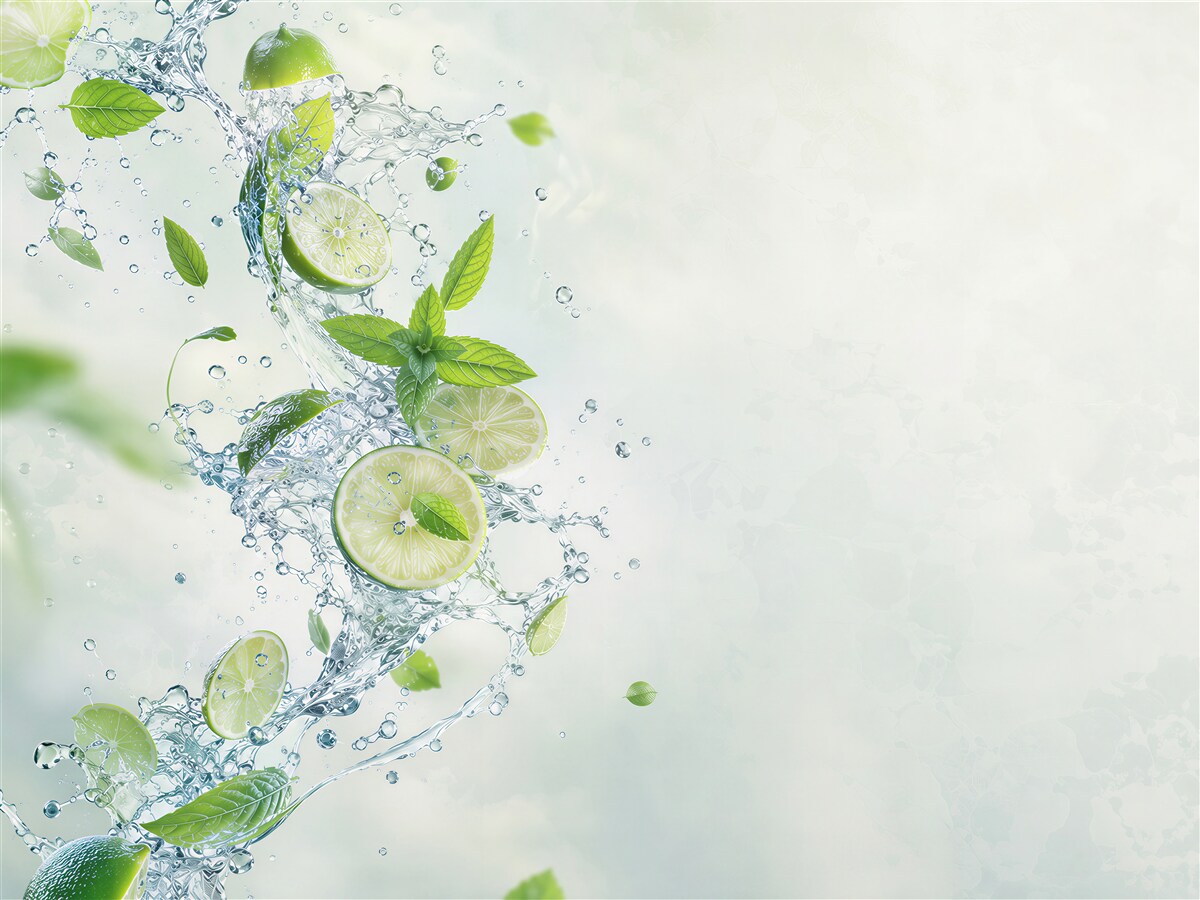 Fototapeta limonki z miętą w rozbryzgach wody świeża do kuchni