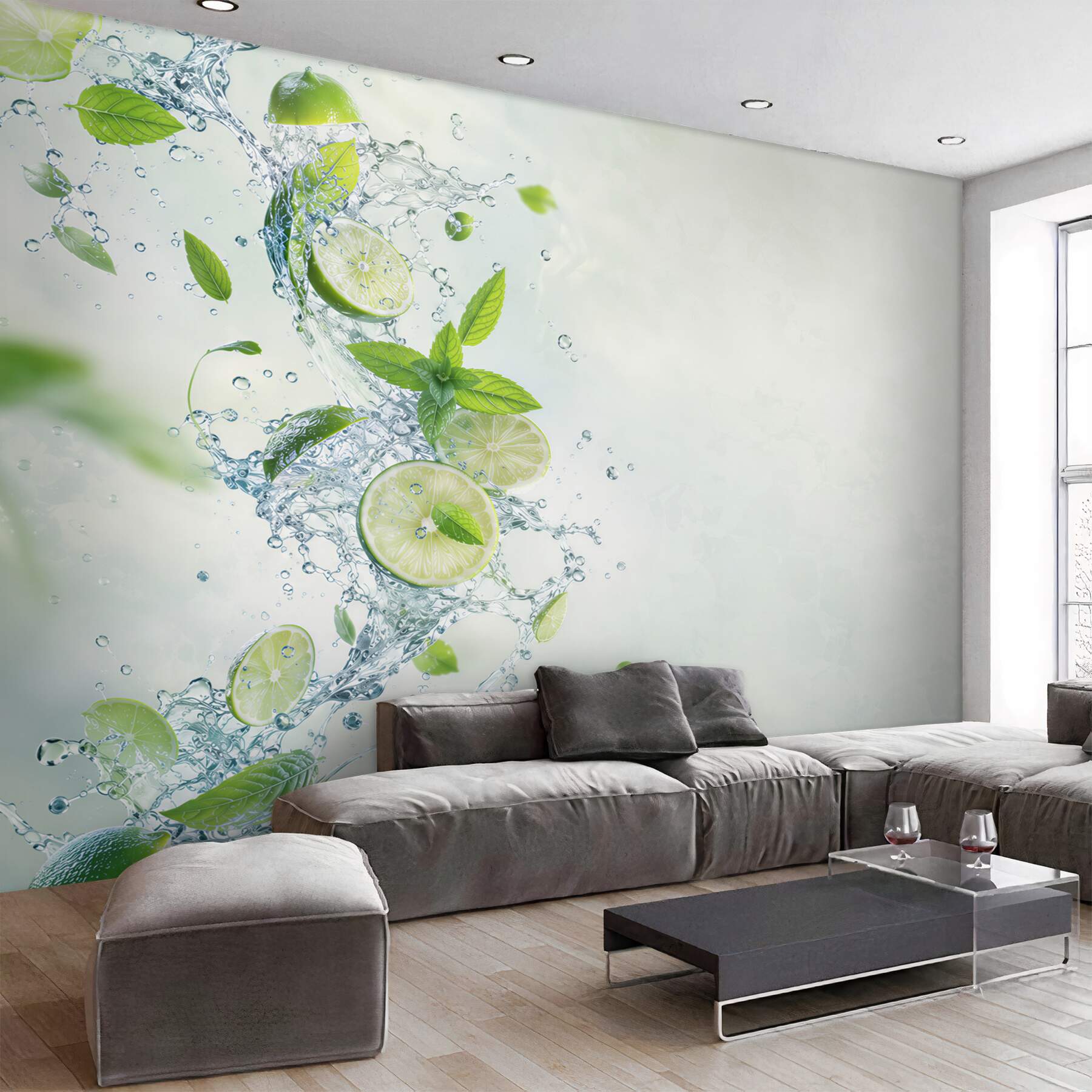 Fototapeta limonki z miętą w rozbryzgach wody świeża do kuchni?v23
