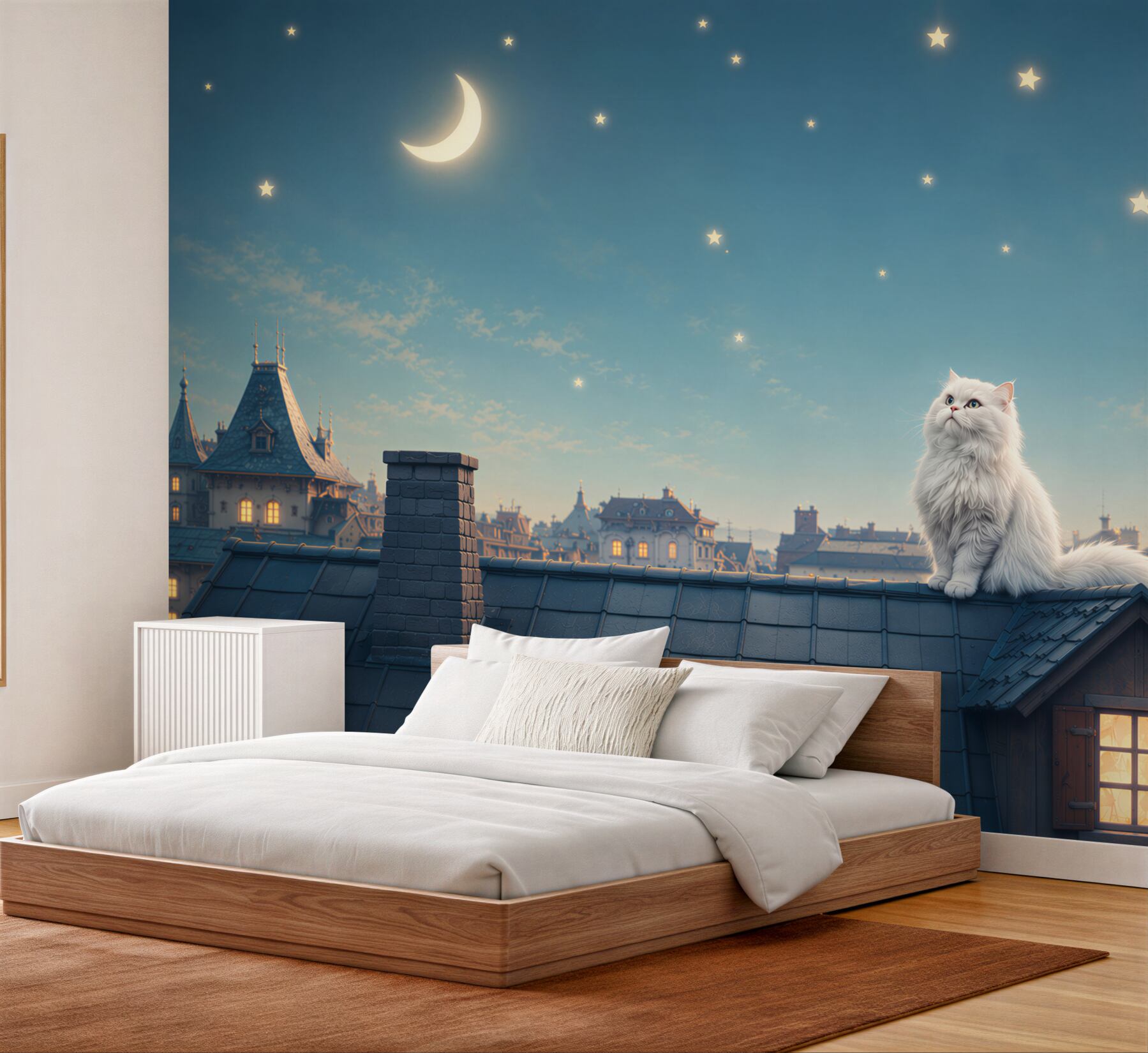 Fototapeta biały kot na dachu pod gwiazdami baśniowy nocny widok?v23