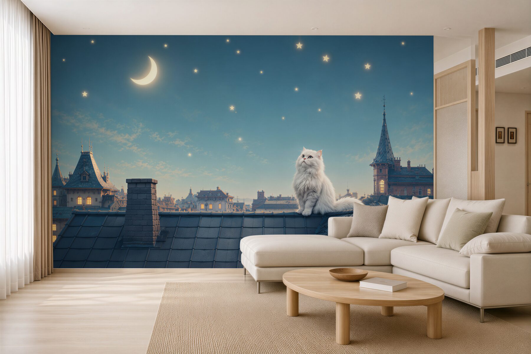 Fototapeta biały kot na dachu pod gwiazdami baśniowy nocny widok?v23