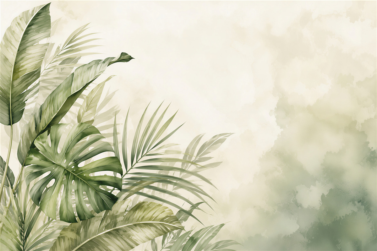 Fototapeta zielone liście tropikalne monstera i palma na jasnym tle