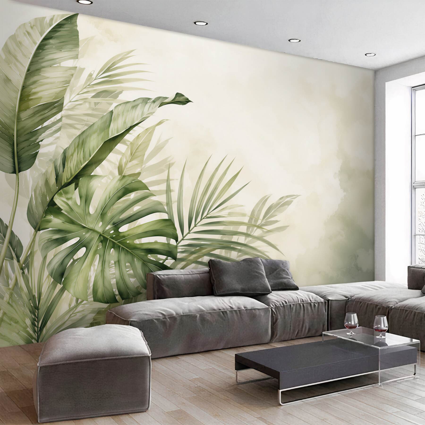 Fototapeta zielone liście tropikalne monstera i palma na jasnym tle?v23