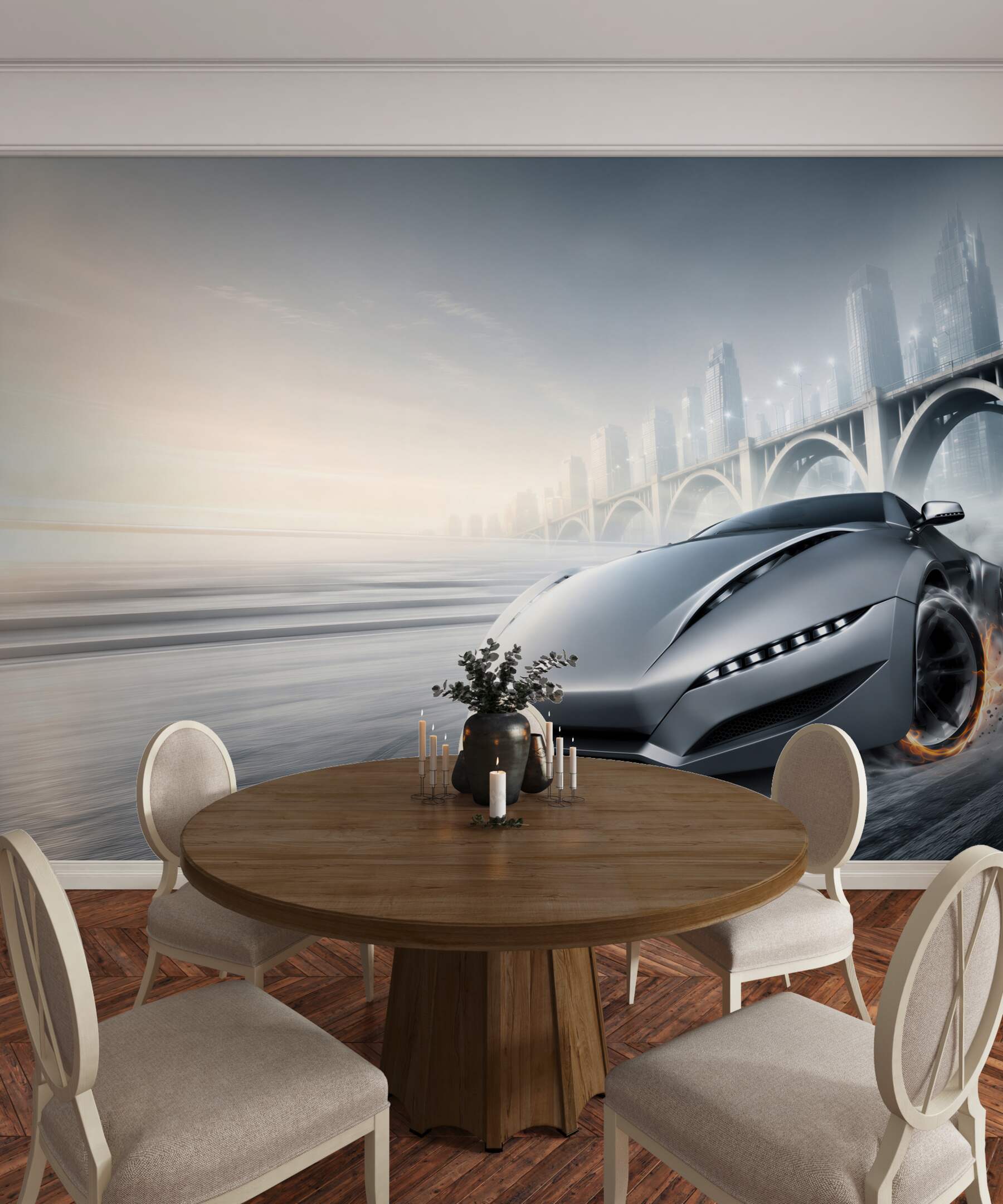 Fototapeta srebrne auto sportowe w nowoczesnym mieście?v23