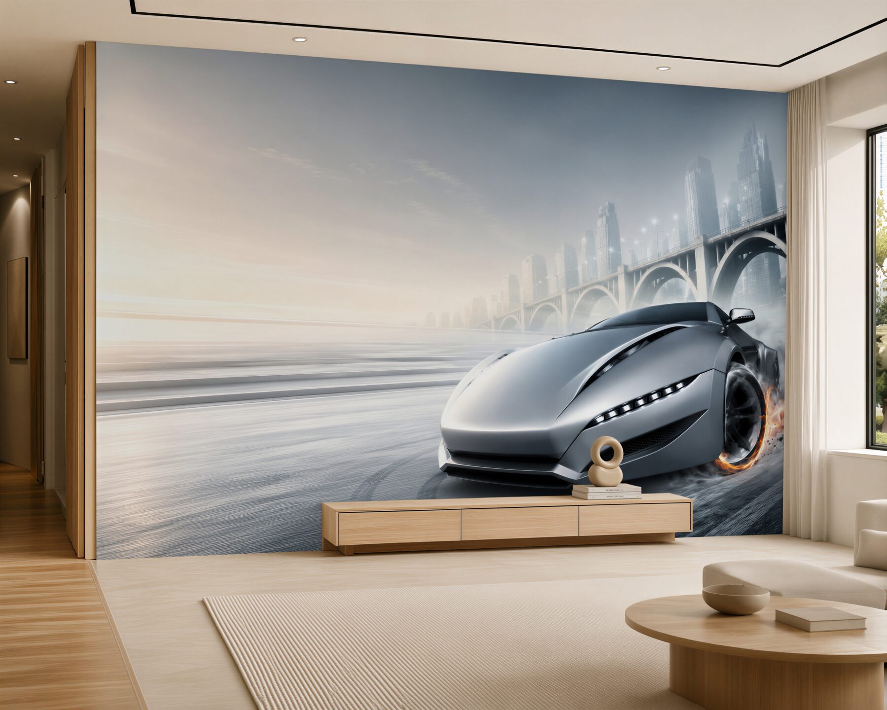 Fototapeta srebrne auto sportowe w nowoczesnym mieście?v23