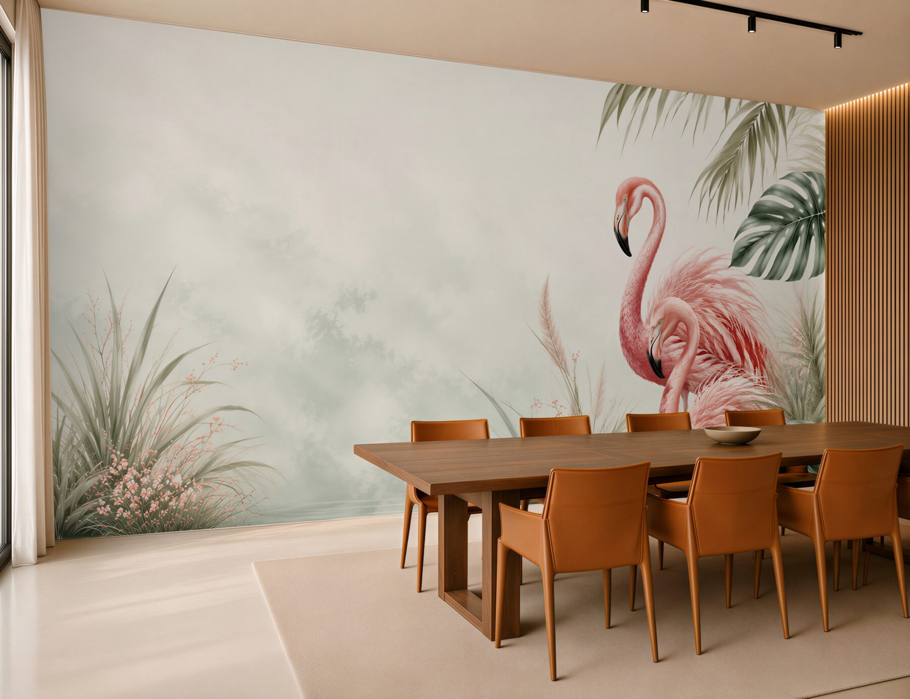 Fototapeta różowe flamingi nad wodą w tropikalnym stylu?v23