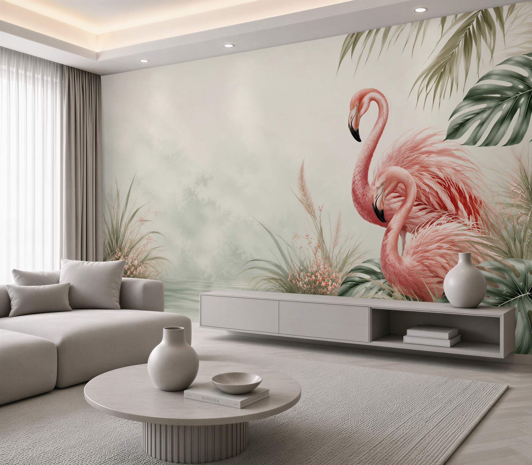 Fototapeta różowe flamingi nad wodą w tropikalnym stylu?v23