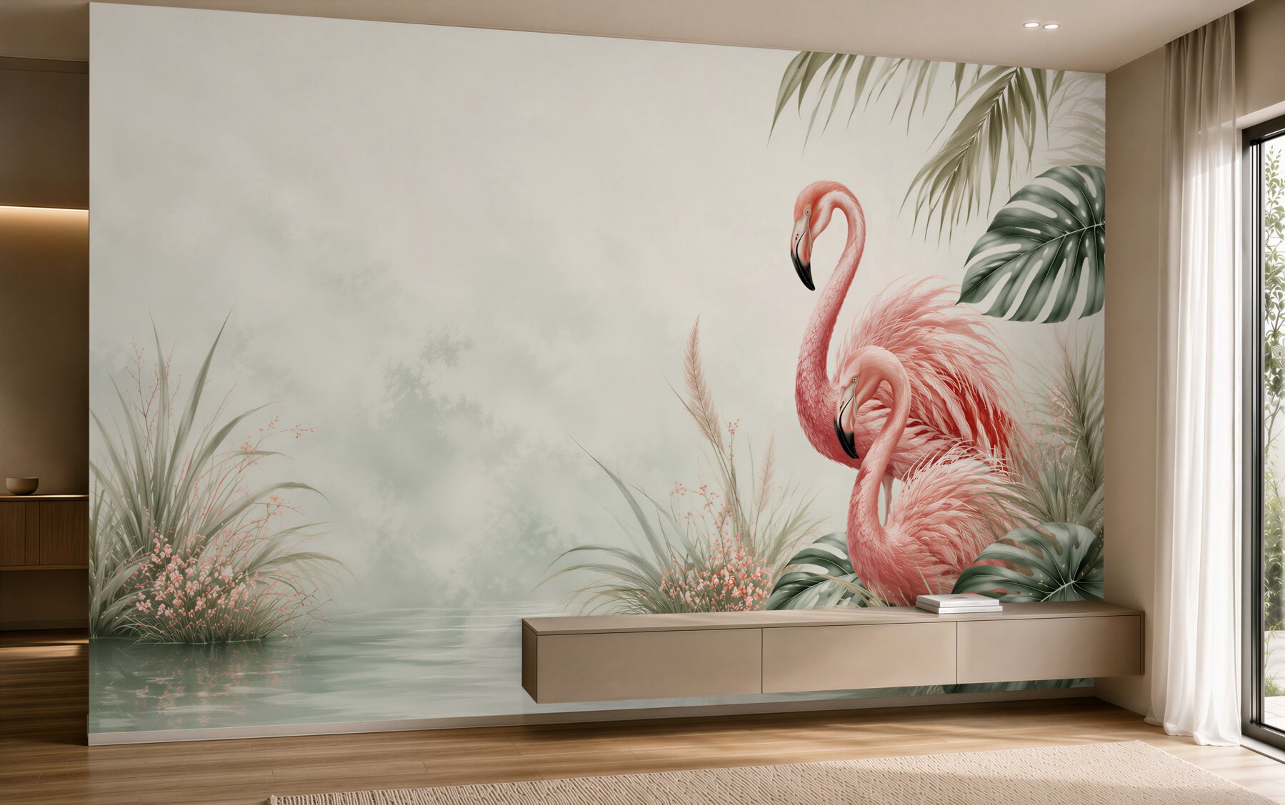 Fototapeta różowe flamingi nad wodą w tropikalnym stylu?v23