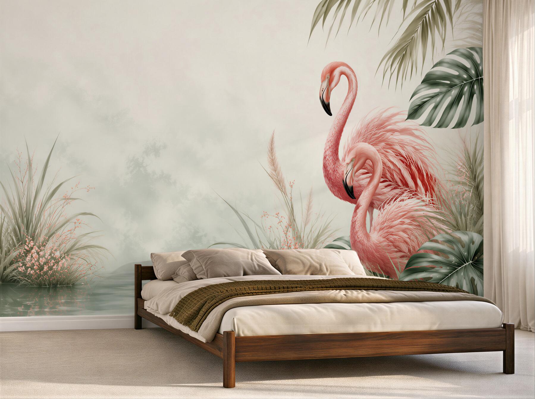 Fototapeta różowe flamingi nad wodą w tropikalnym stylu?v23