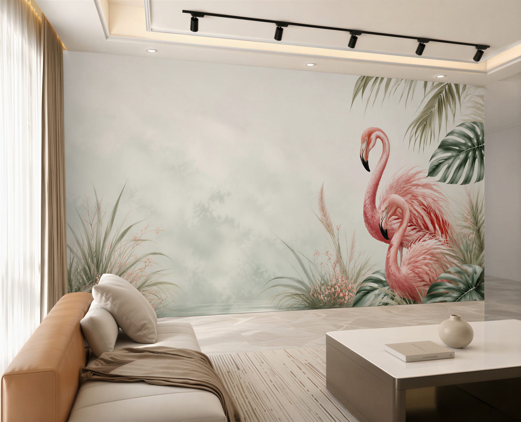 Fototapeta różowe flamingi nad wodą w tropikalnym stylu?v23