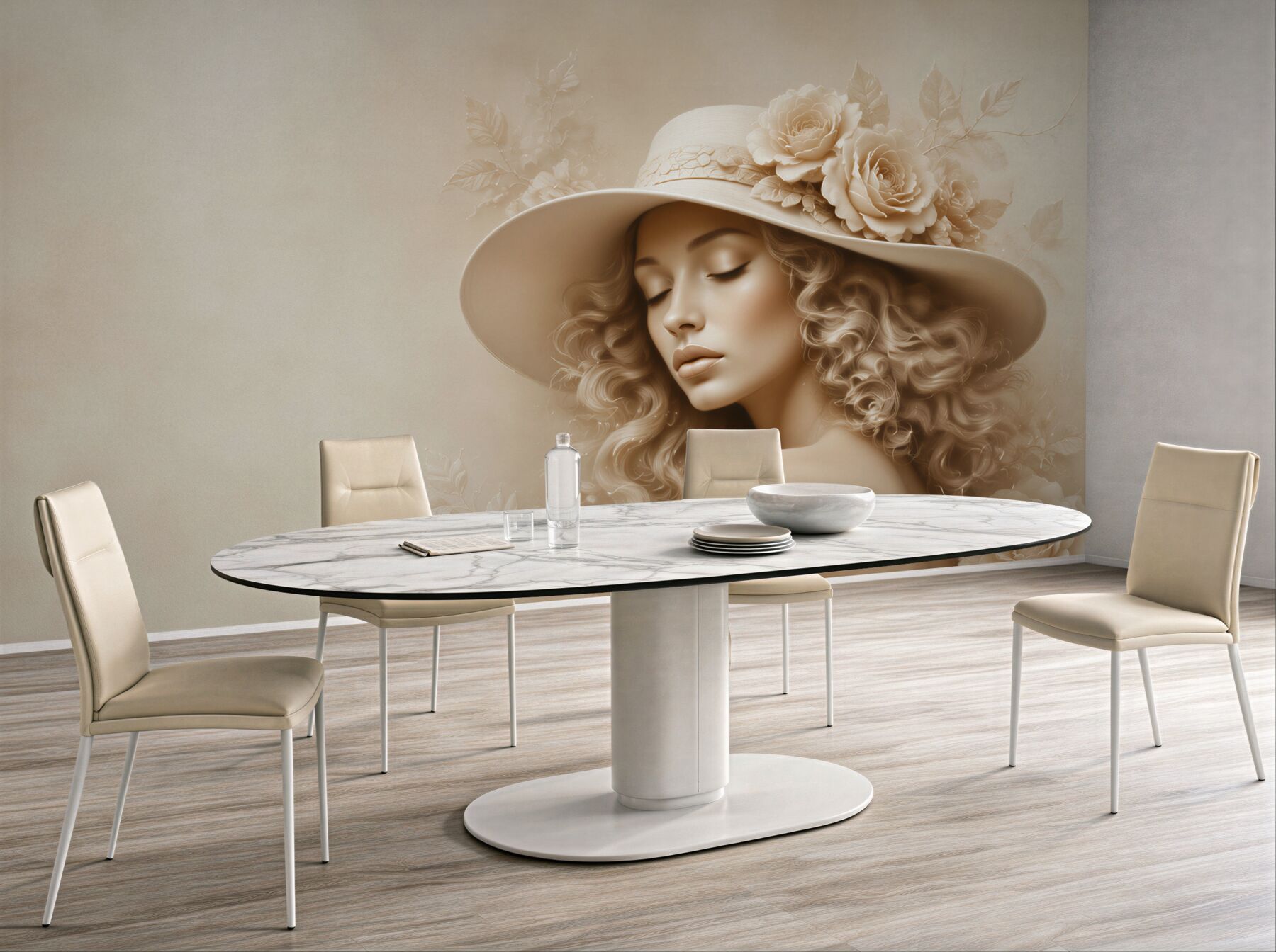 Fototapeta portret kobiety w kapeluszu z różami beżowa elegancka?v23