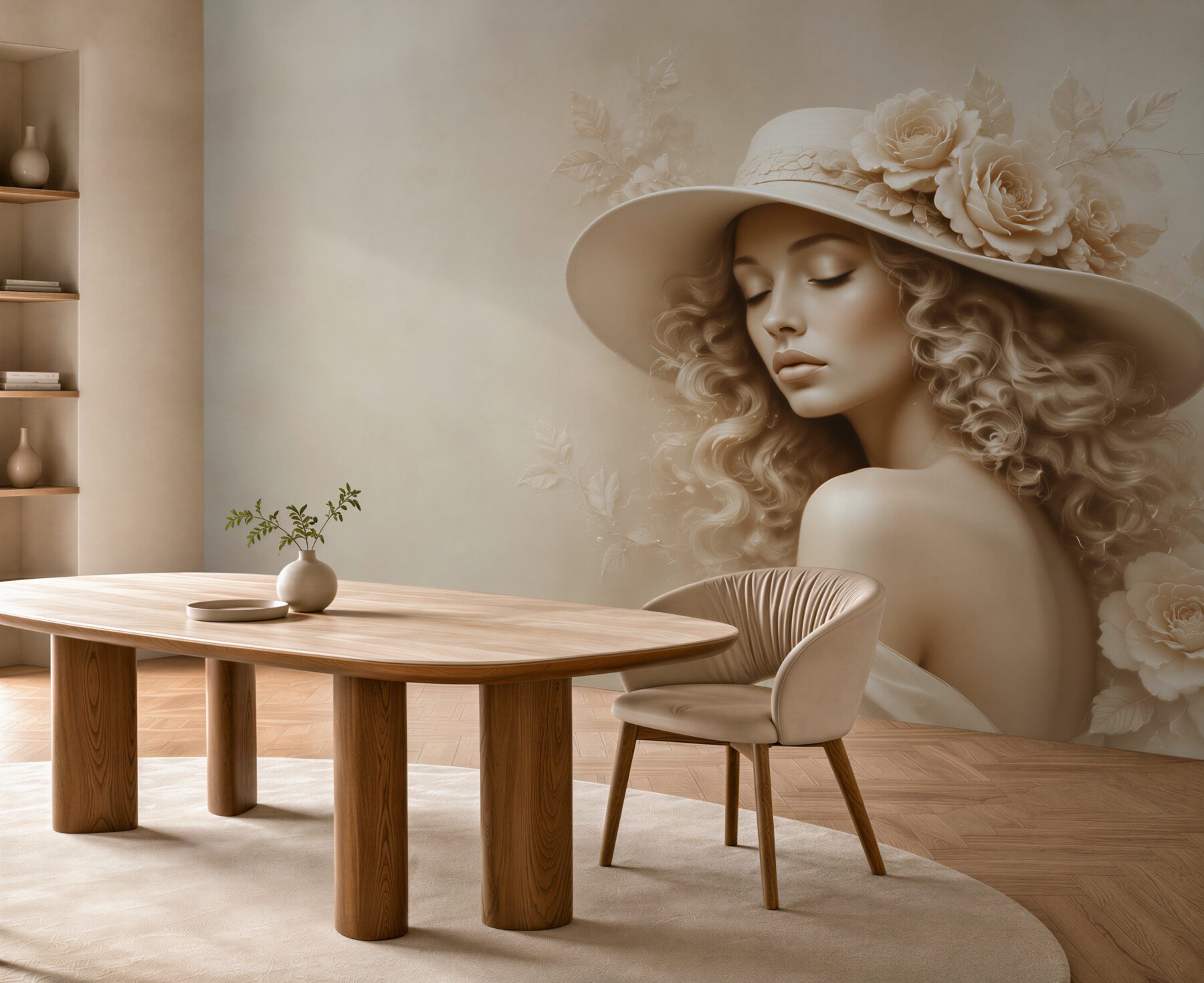 Fototapeta portret kobiety w kapeluszu z różami beżowa elegancka?v23