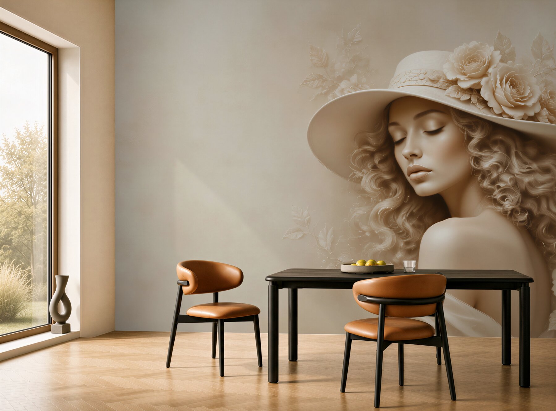 Fototapeta portret kobiety w kapeluszu z różami beżowa elegancka?v23