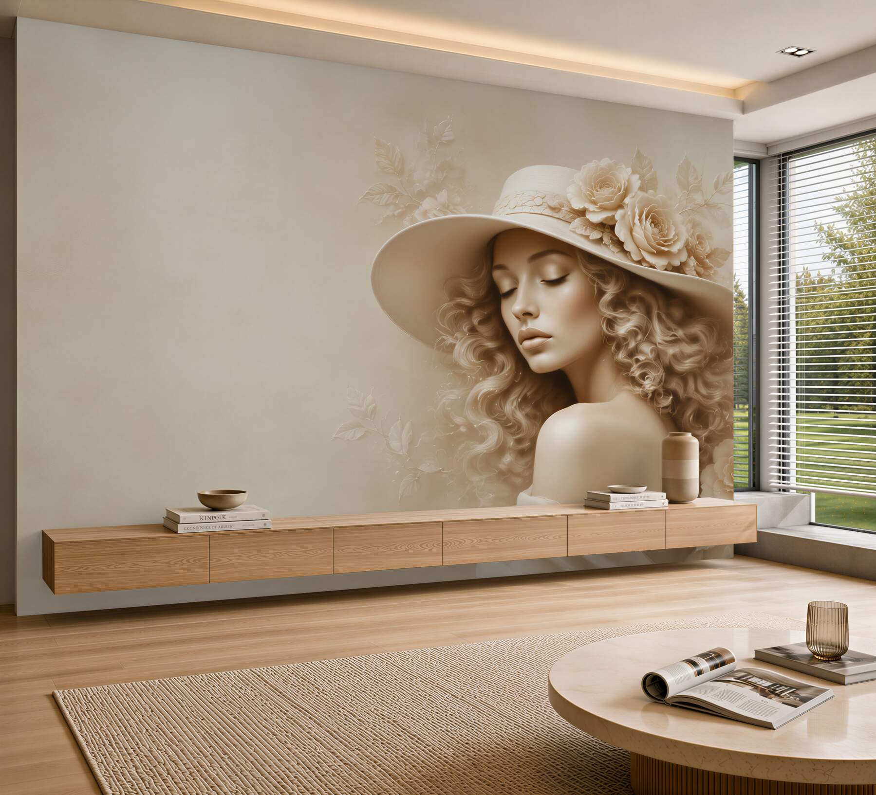 Fototapeta portret kobiety w kapeluszu z różami beżowa elegancka?v23