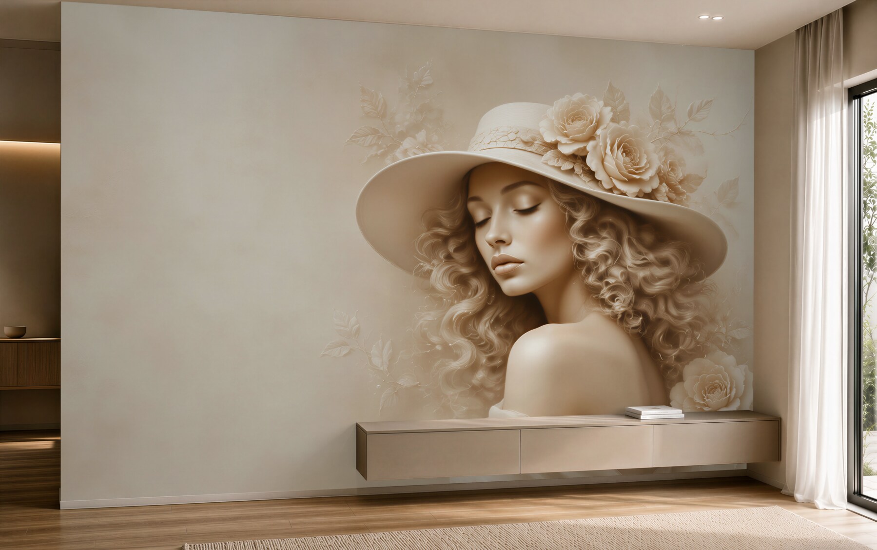Fototapeta portret kobiety w kapeluszu z różami beżowa elegancka?v23