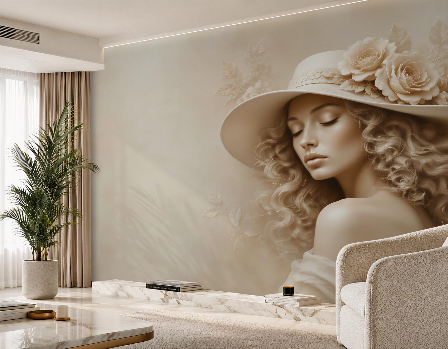 Fototapeta portret kobiety w kapeluszu z różami beżowa elegancka
